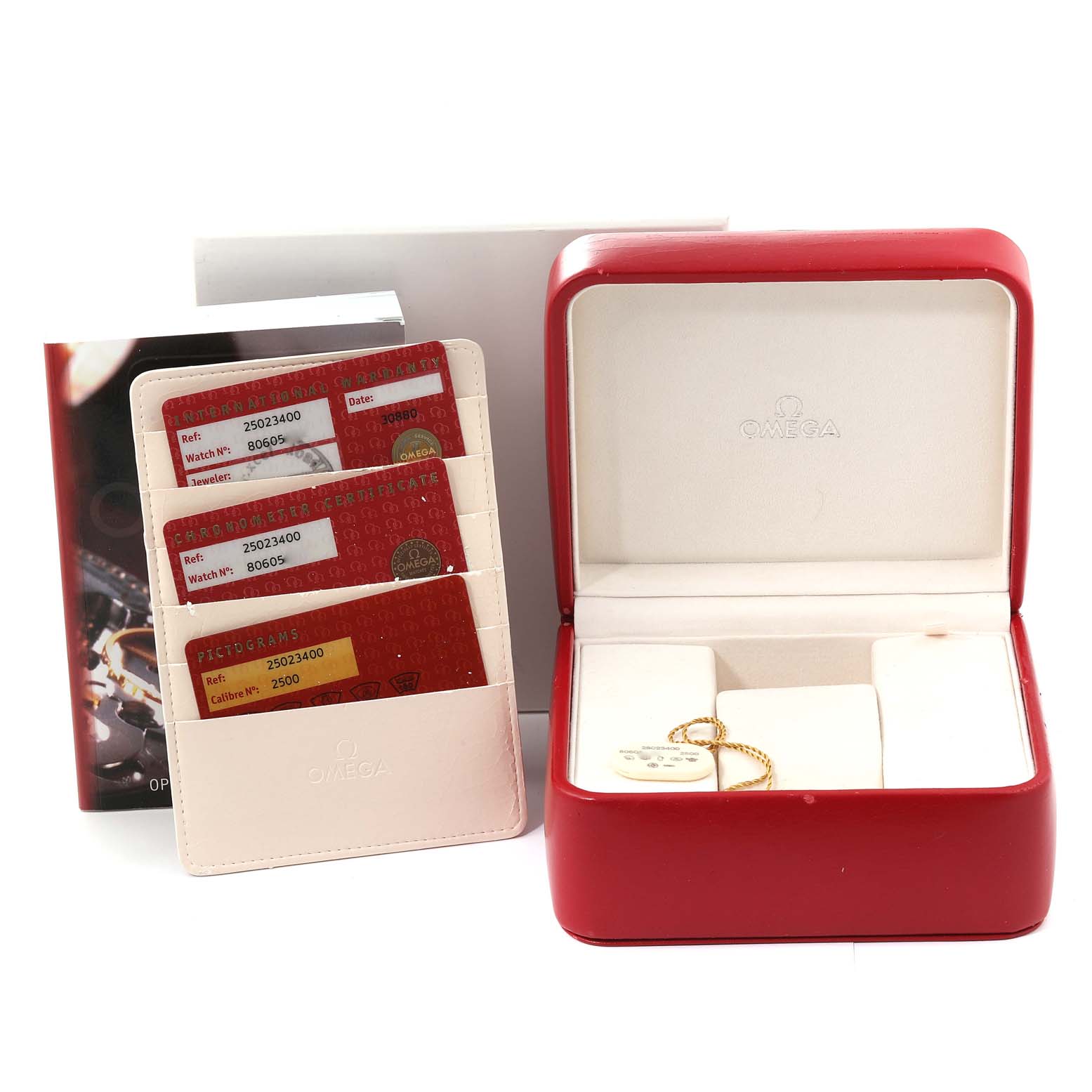 This image shows an Omega Aqua Terra 2502.34.00 Men's Stainless Steel Silver Dial 2502.34.00 Men's Stainless Steel Silver Dial model watch package, including a red box, guarantee cards, and a manual.