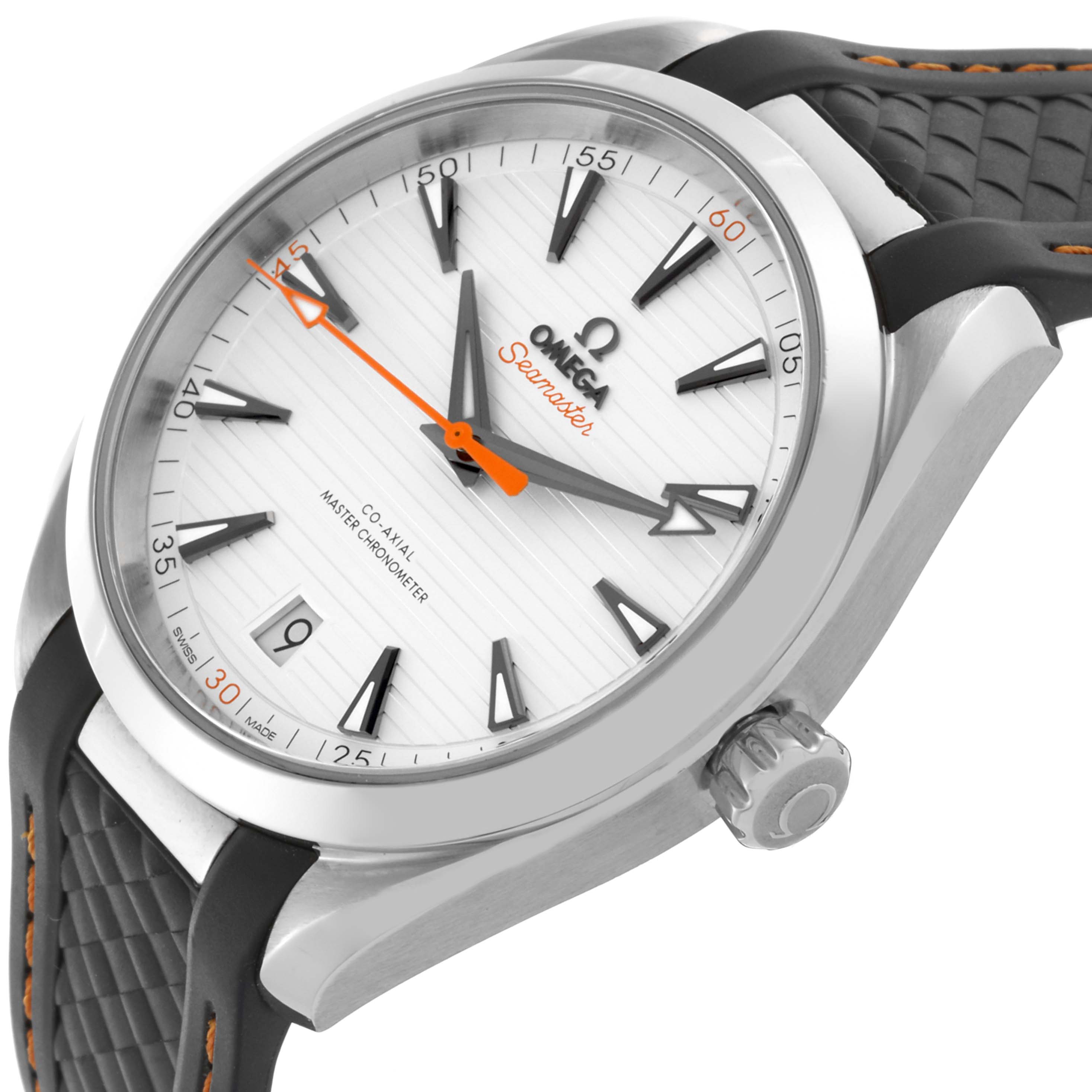 The Omega Aqua Terra 202.12.41.21.02.002 Men's Stainless Steel White Dial 202.12.41.21.02.002 Men's Stainless Steel White Dial watch is shown at a tilted angle, displaying the dial, bezel, crown, and part of the strap.