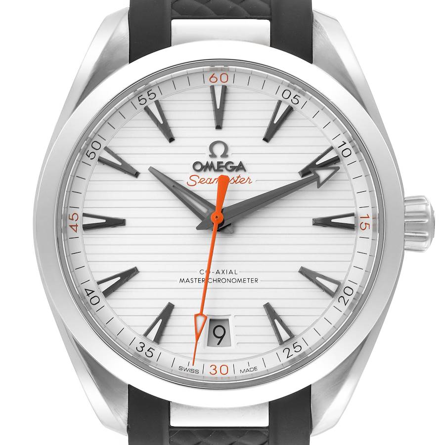 The Omega Aqua Terra watch is shown from the front, highlighting its face, hands, and crown.