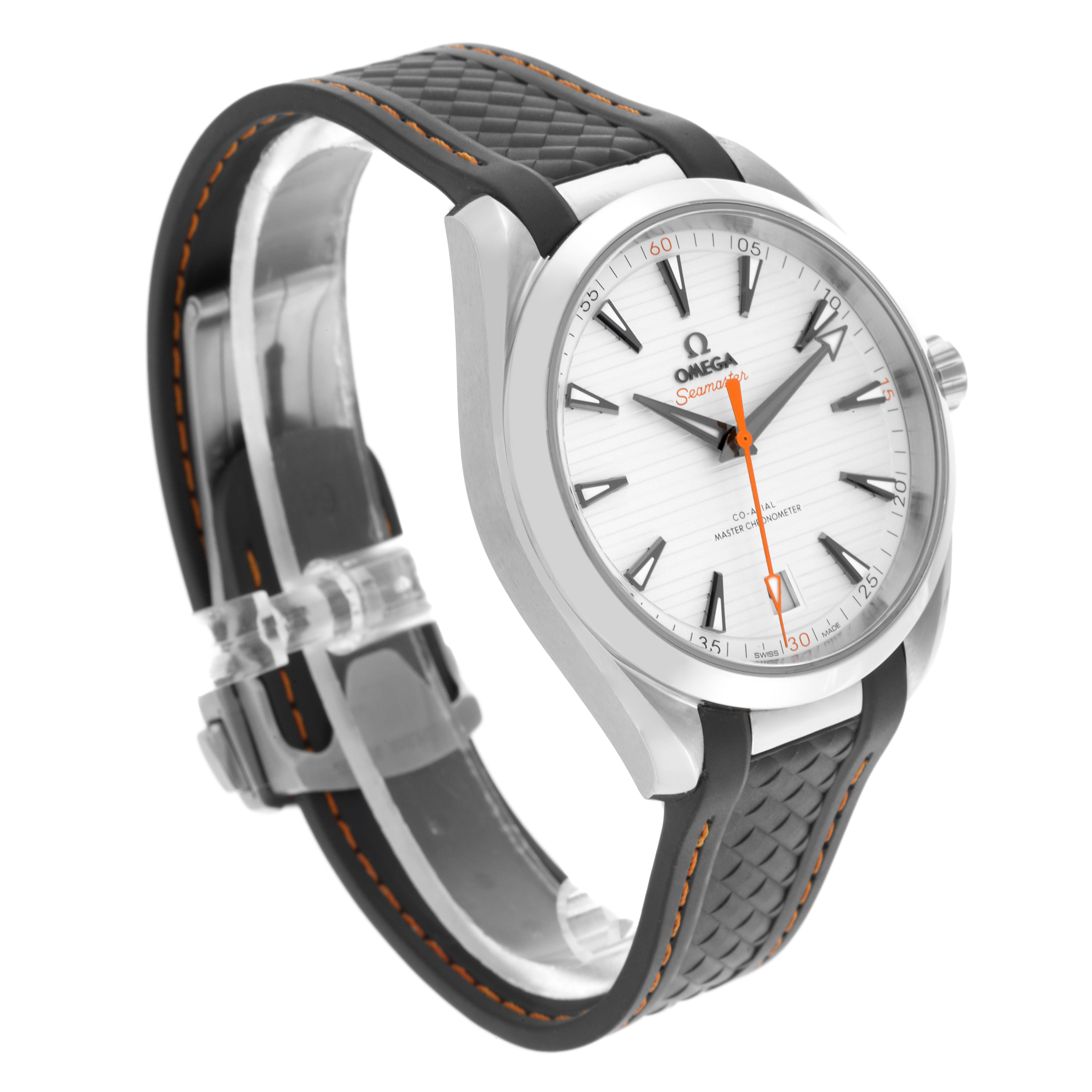 The Omega Aqua Terra 202.12.41.21.02.002 Men's Stainless Steel White Dial 202.12.41.21.02.002 Men's Stainless Steel White Dial watch is shown from an angled front view, highlighting the dial, case, and strap.