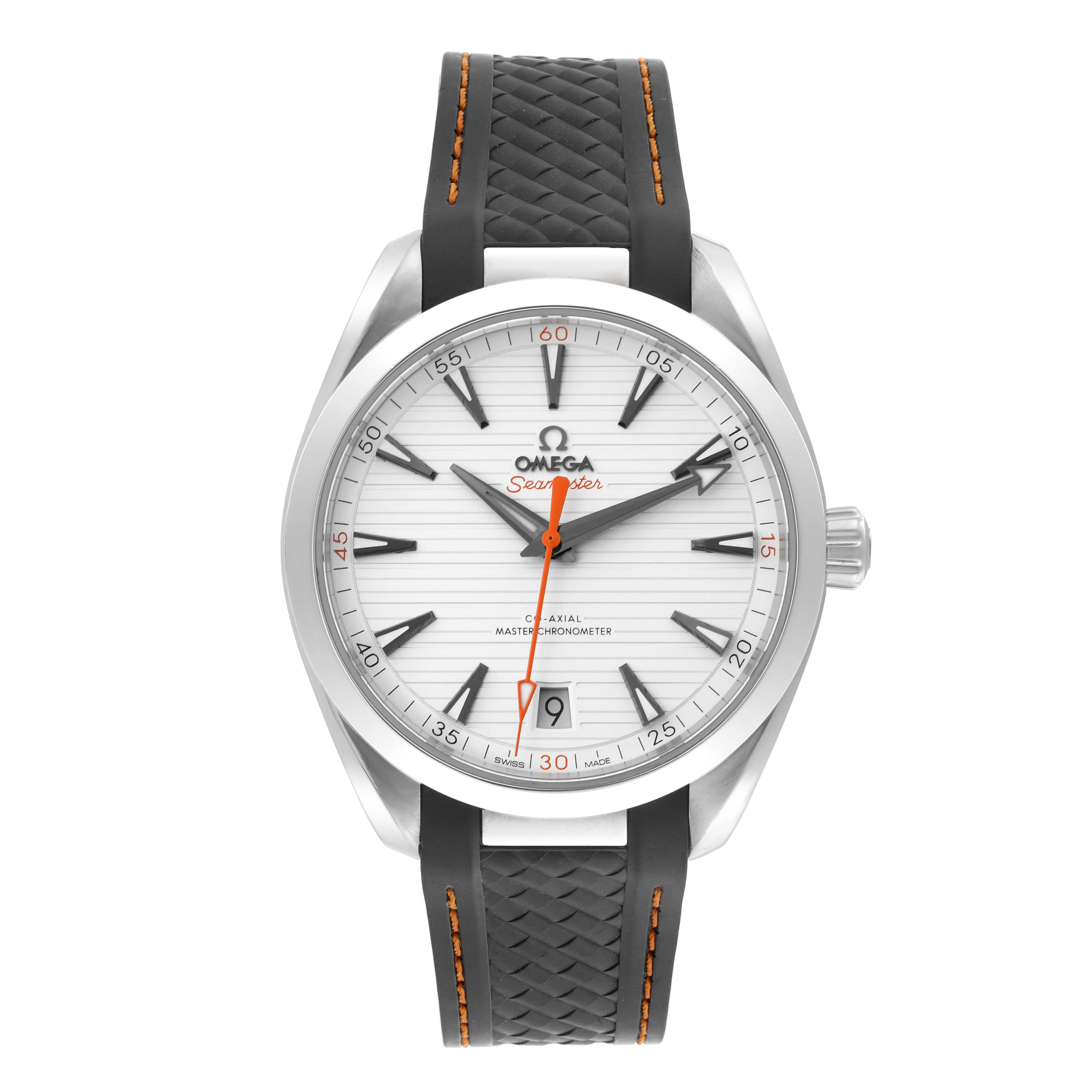 The Omega Aqua Terra 202.12.41.21.02.002 Men's Stainless Steel White Dial 202.12.41.21.02.002 Men's Stainless Steel White Dial watch is shown from the front, displaying its face, strap, and crown.