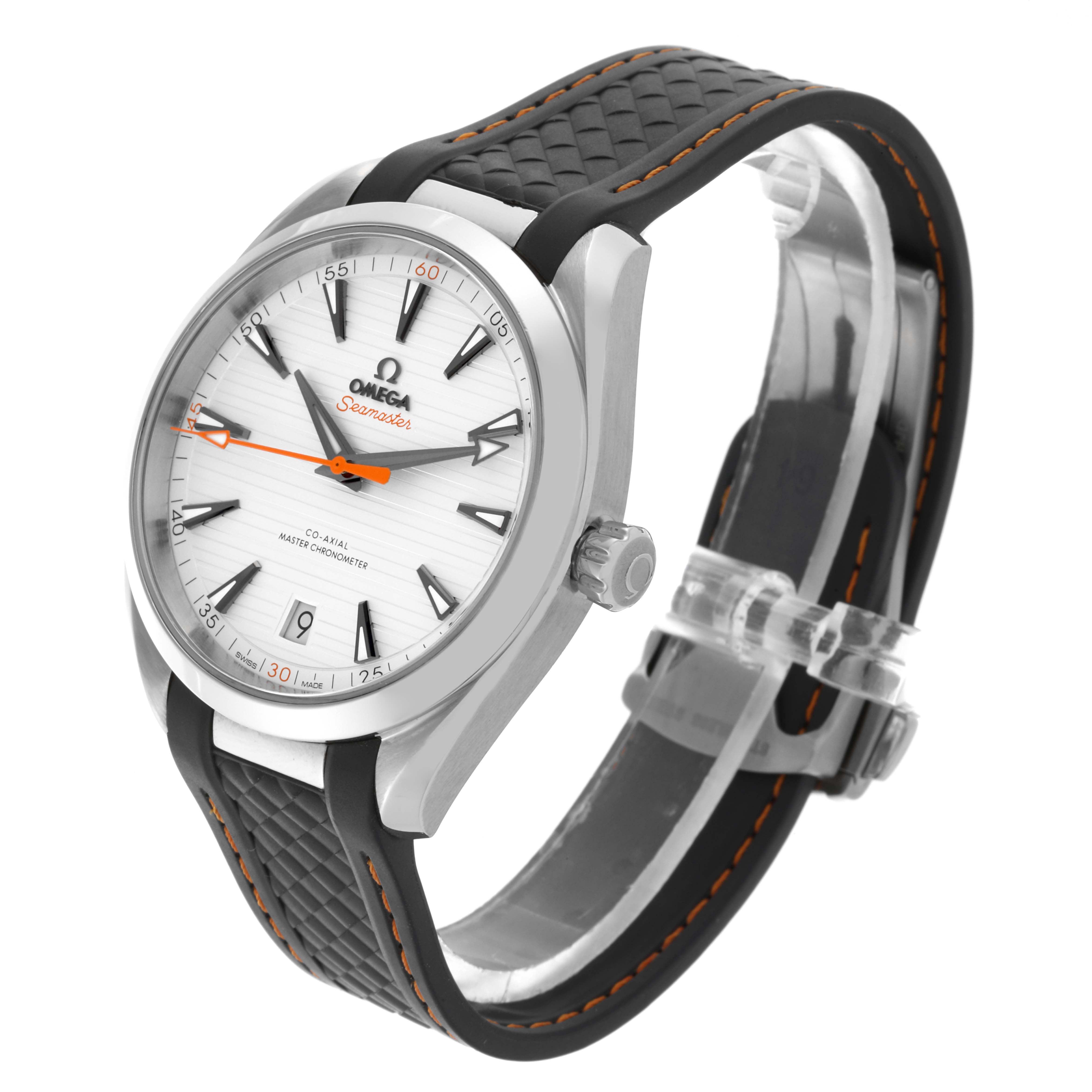 The Omega Aqua Terra 202.12.41.21.02.002 Men's Stainless Steel White Dial 202.12.41.21.02.002 Men's Stainless Steel White Dial watch is shown at a three-quarter angle, highlighting the face, crown, and textured strap.