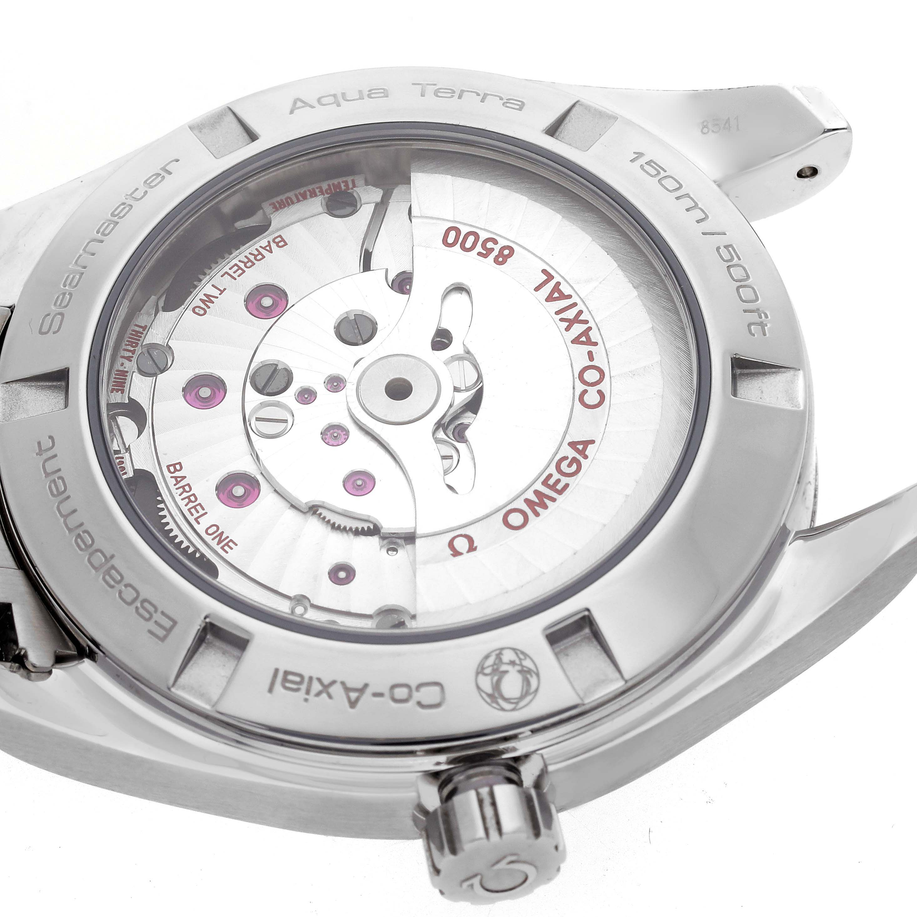 The image shows the back view of the Omega Aqua Terra 231.10.42.21.02.002 Men
s Stainless Steel Silver Dial 231.10.42.21.02.002 Men
s Stainless Steel Silver Dial watch, highlighting the co-axial movement and inner mechanism.