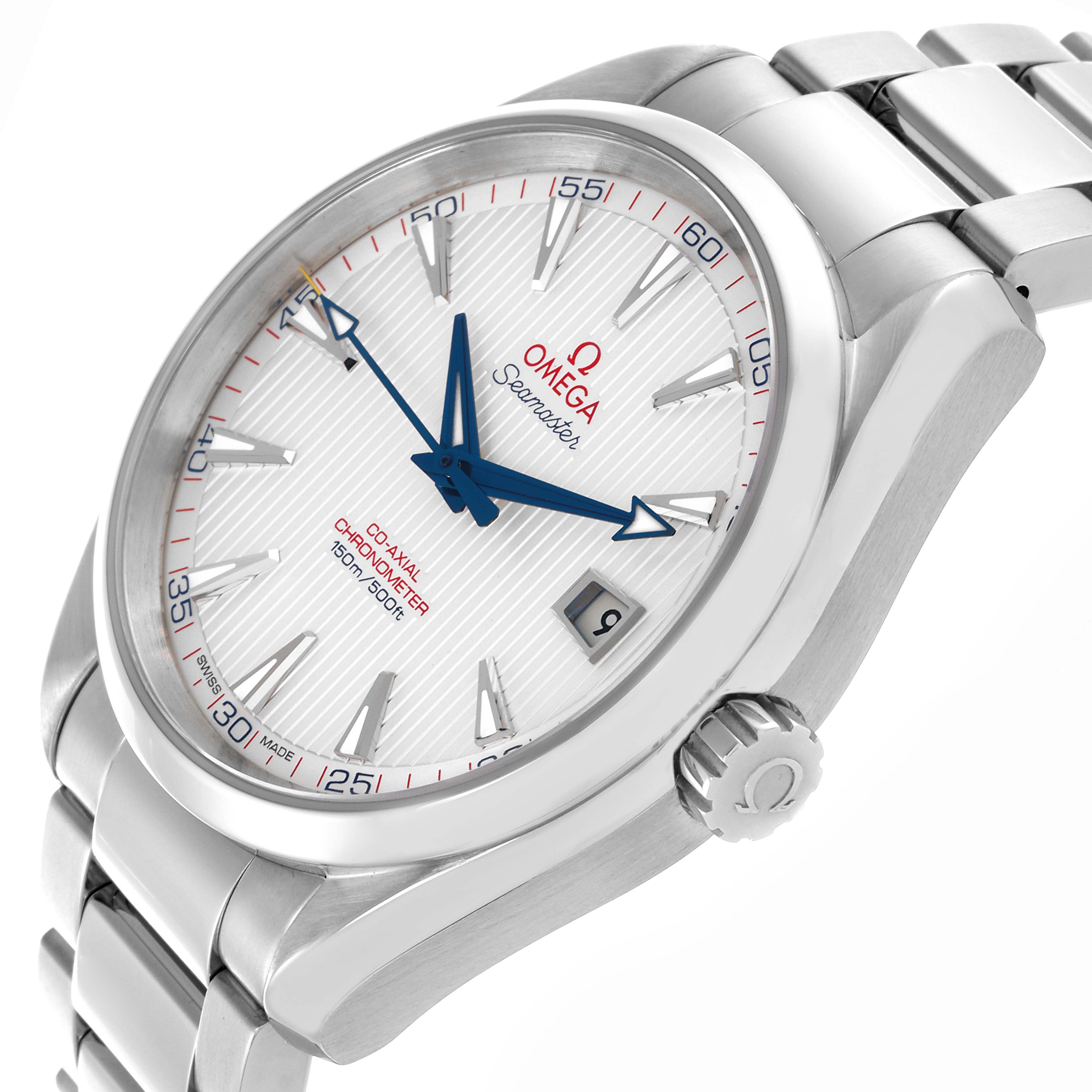 The Omega Aqua Terra 231.10.42.21.02.002 Men
s Stainless Steel Silver Dial 231.10.42.21.02.002 Men
s Stainless Steel Silver Dial watch is shown at a three-quarter angle, highlighting its dial, bezel, crown, and bracelet.