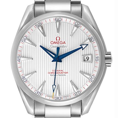 The Omega Aqua Terra watch is shown from the front, displaying the dial, hands, date window, and part of the bracelet.