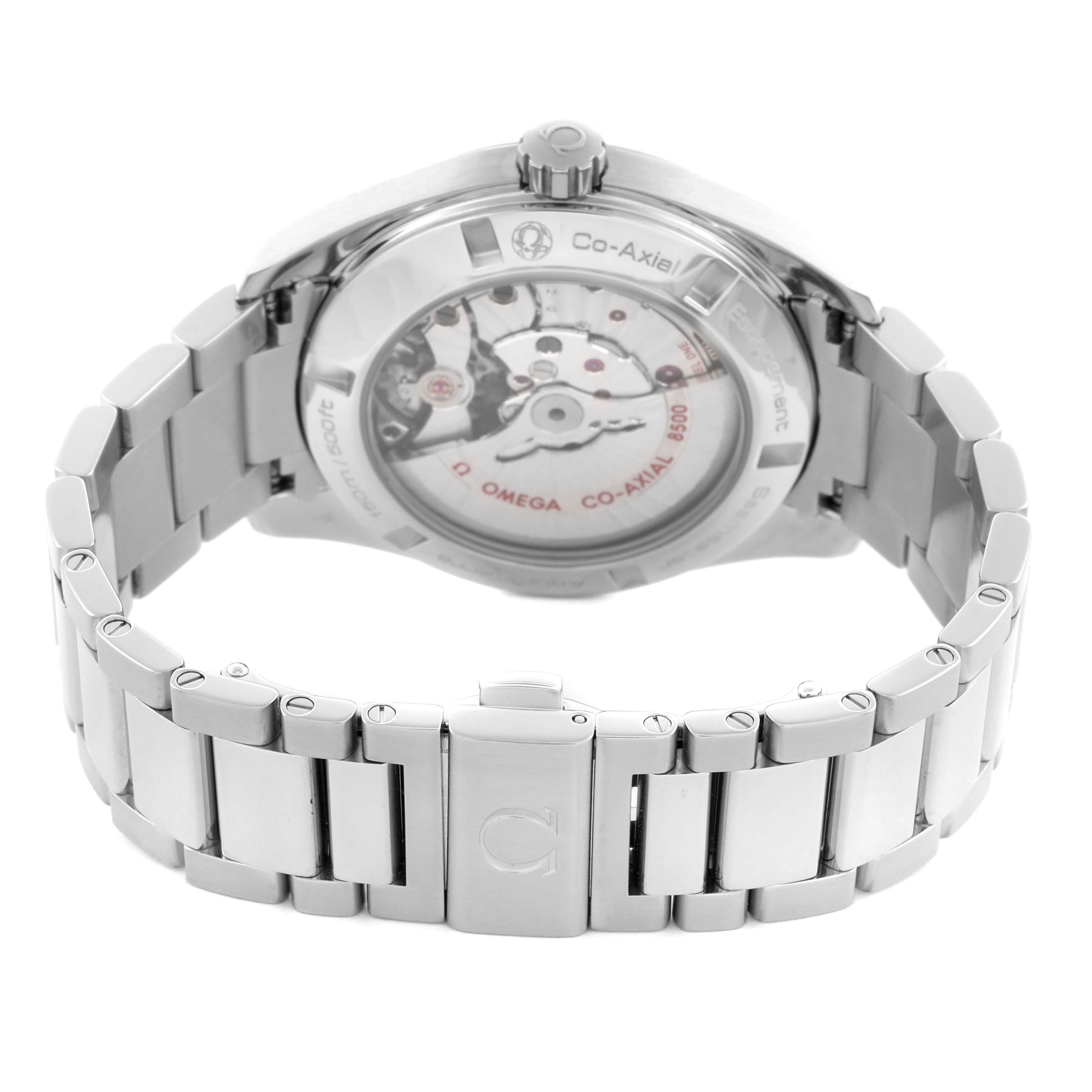 The image shows the back view of an Omega Aqua Terra 231.10.42.21.02.002 Men
s Stainless Steel Silver Dial 231.10.42.21.02.002 Men
s Stainless Steel Silver Dial watch, highlighting the bracelet and visible movement through the case back.