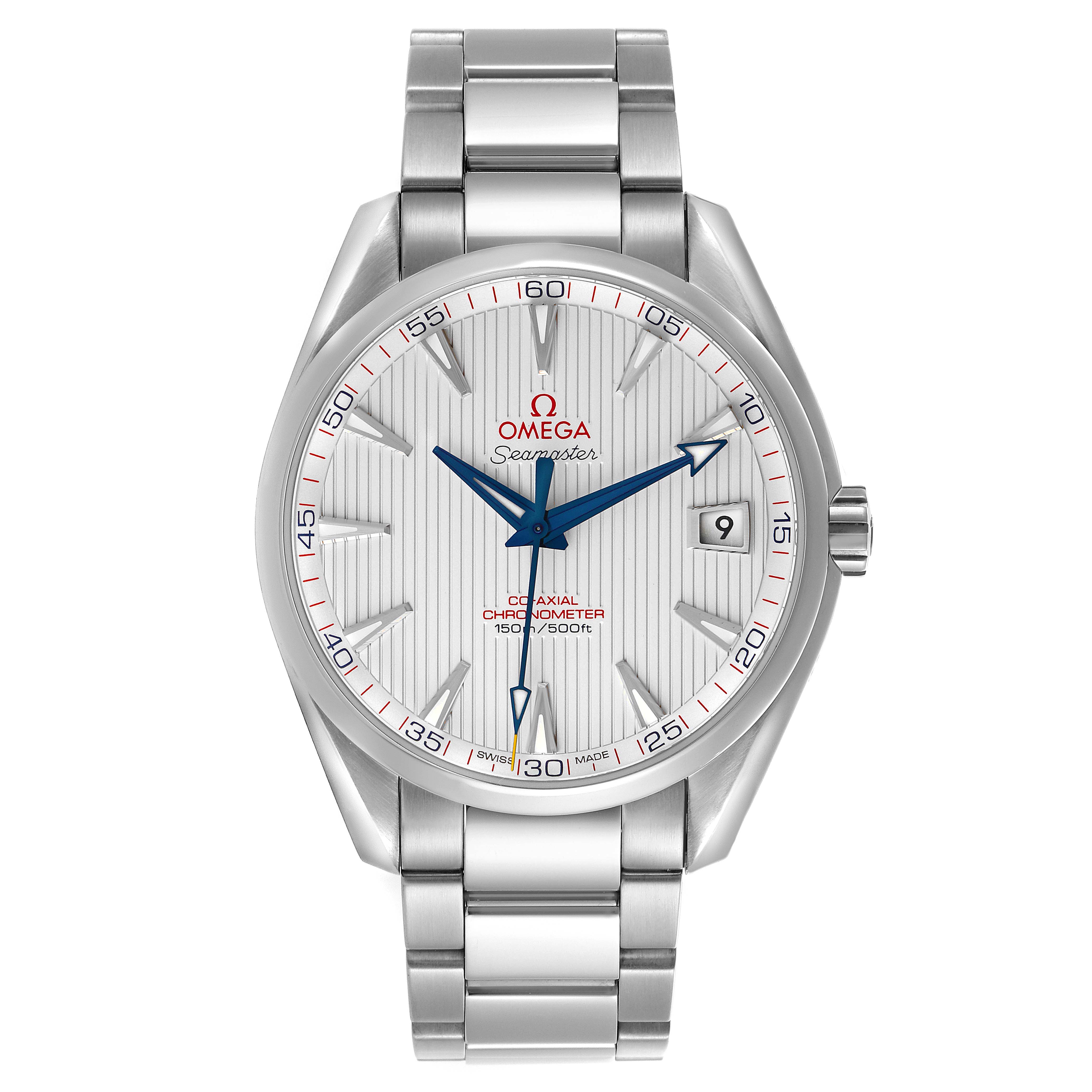 The Omega Aqua Terra 231.10.42.21.02.002 Men
s Stainless Steel Silver Dial 231.10.42.21.02.002 Men
s Stainless Steel Silver Dial watch is shown from a front angle, highlighting the face, bezel, and stainless steel bracelet.