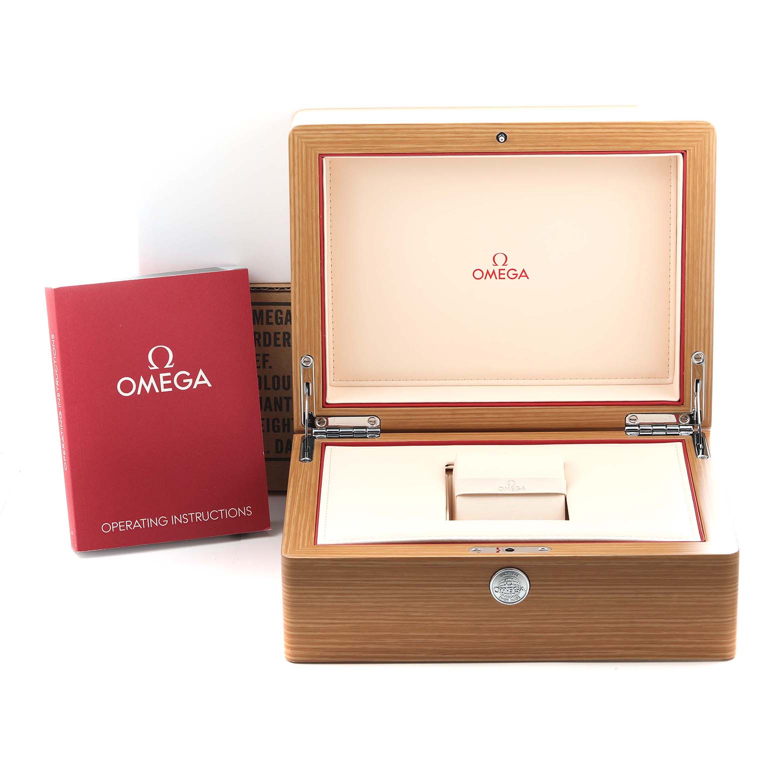 The image shows an Omega Aqua Terra 231.10.42.21.02.002 Men
s Stainless Steel Silver Dial 231.10.42.21.02.002 Men
s Stainless Steel Silver Dial watch box and operating instructions from a front angle.