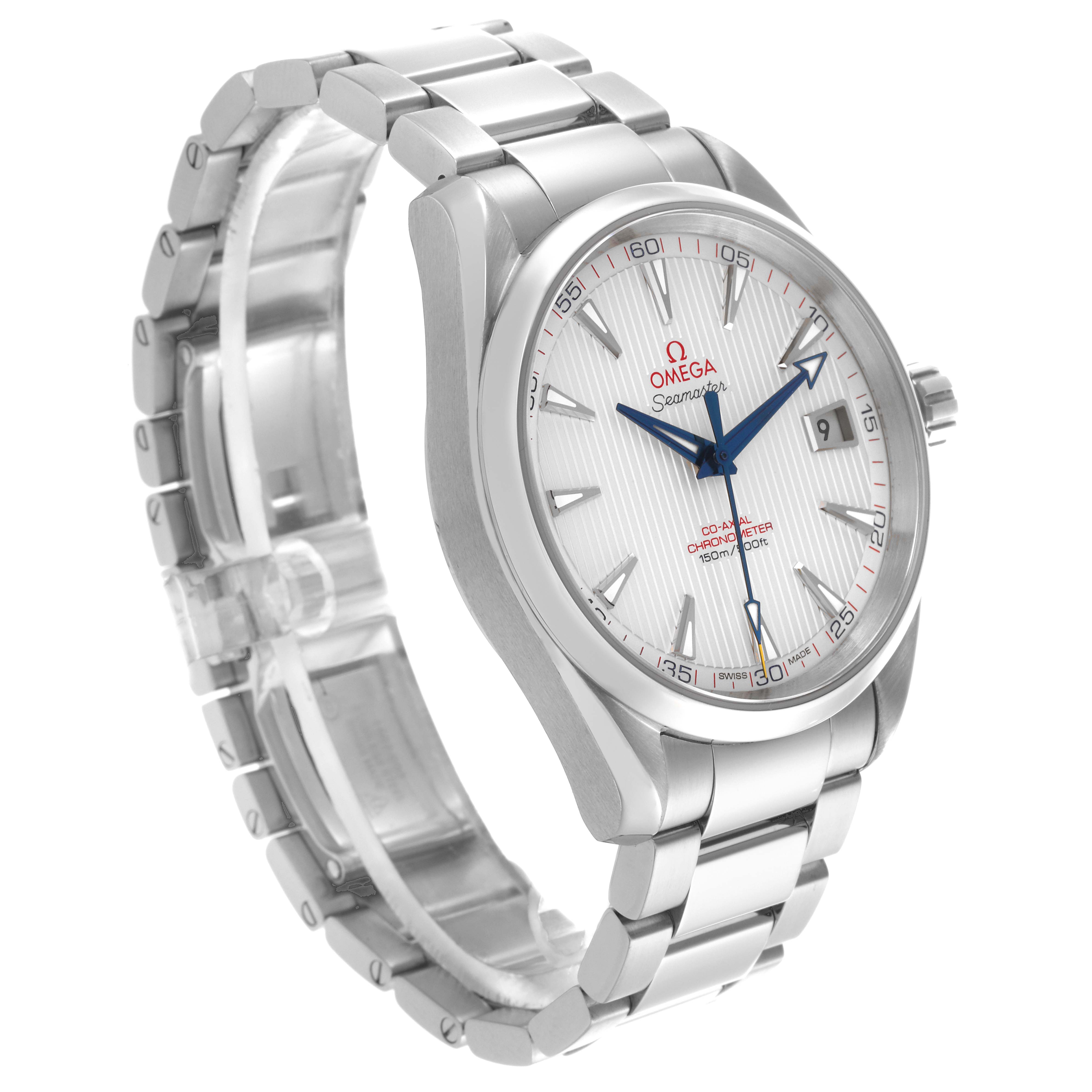 The Omega Aqua Terra 231.10.42.21.02.002 Men
s Stainless Steel Silver Dial 231.10.42.21.02.002 Men
s Stainless Steel Silver Dial watch is shown at an oblique angle highlighting the face and bracelet.