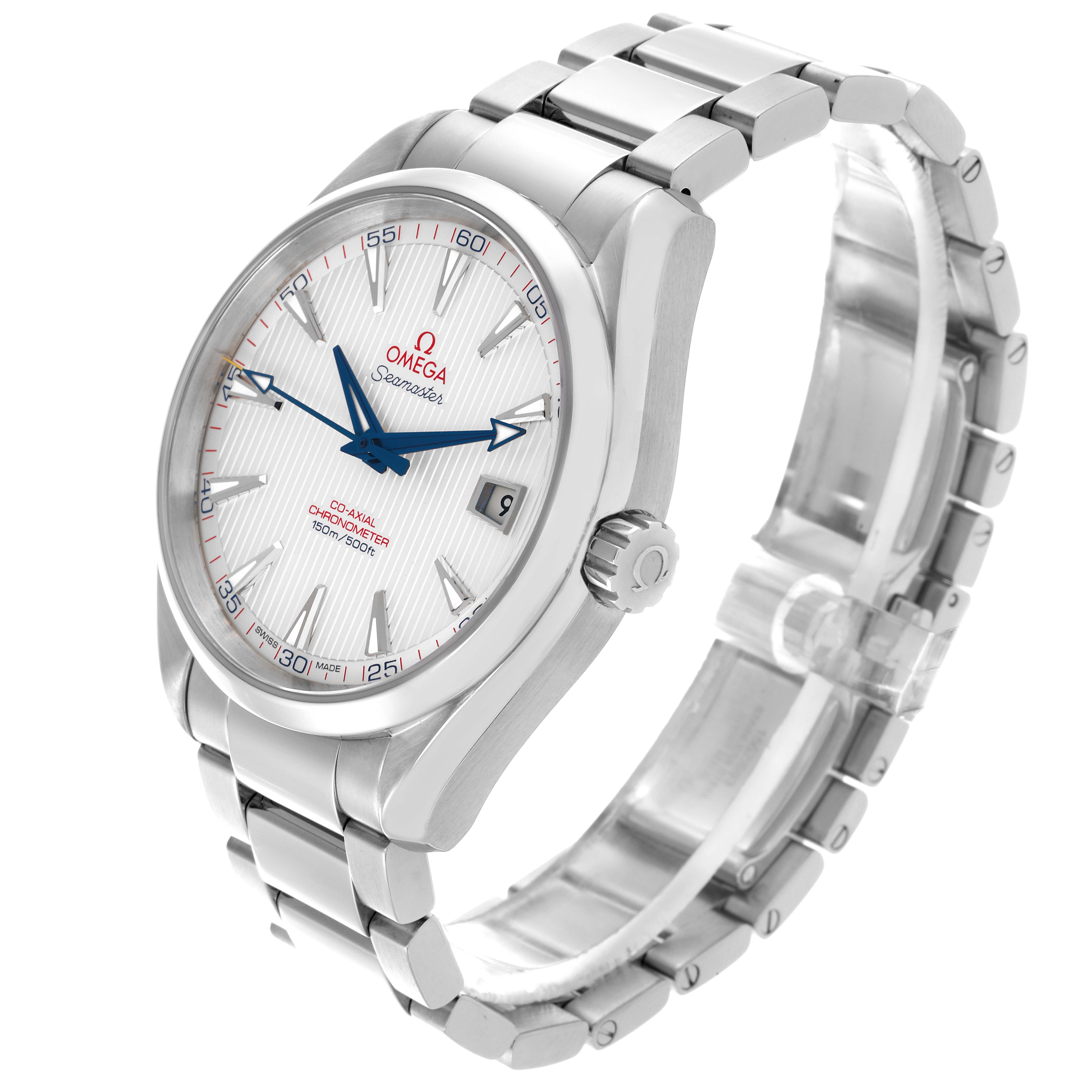 The Omega Aqua Terra 231.10.42.21.02.002 Men
s Stainless Steel Silver Dial 231.10.42.21.02.002 Men
s Stainless Steel Silver Dial watch is shown at a three-quarter angle, highlighting the face, date window, bezel, and stainless steel bracelet.