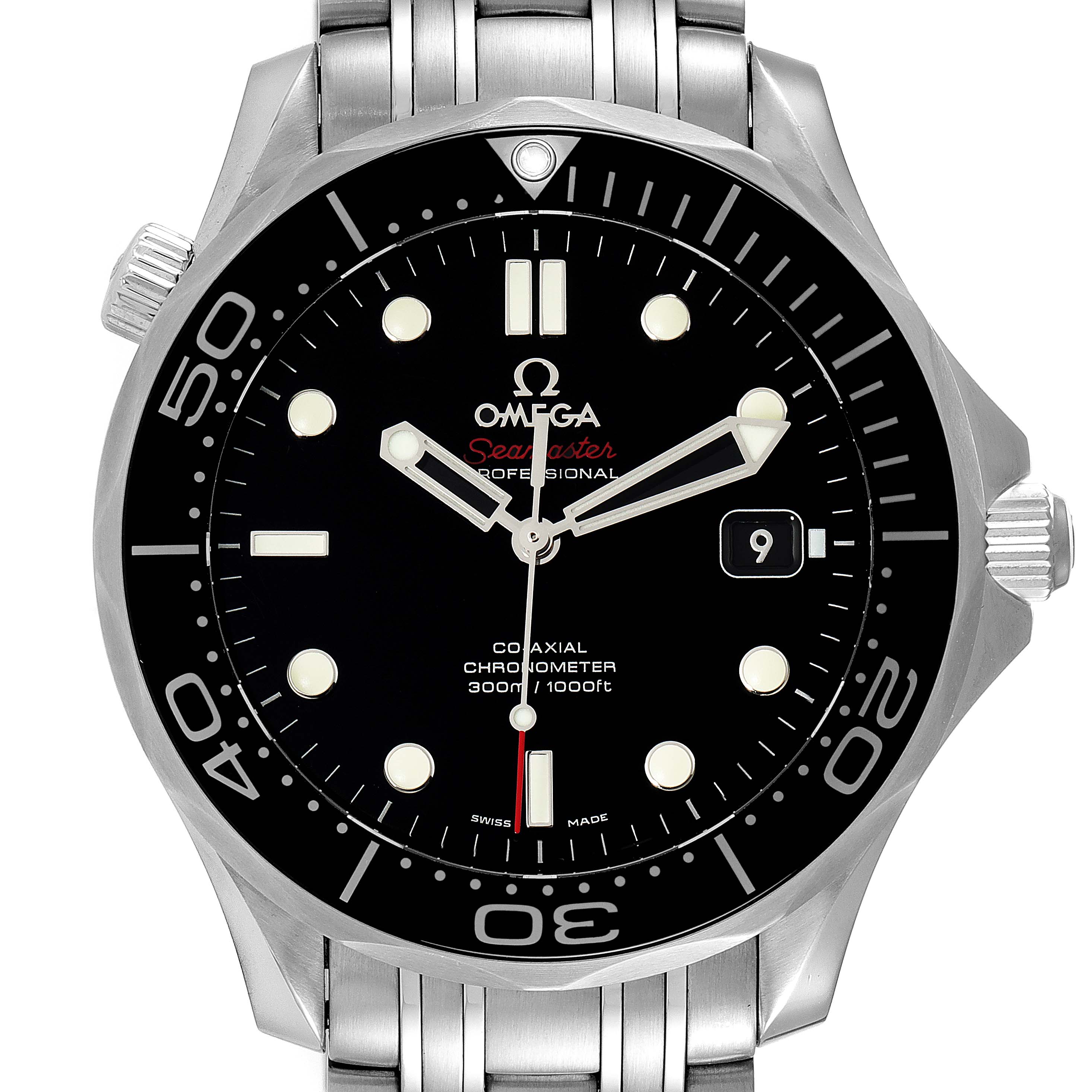This image shows a front view of the Omega Seamaster 212.30.41.20.01.003 Men's Stainless Steel Black Dial 212.30.41.20.01.003 Men's Stainless Steel Black Dial watch, highlighting the dial, bezel, date window, and part of the bracelet.