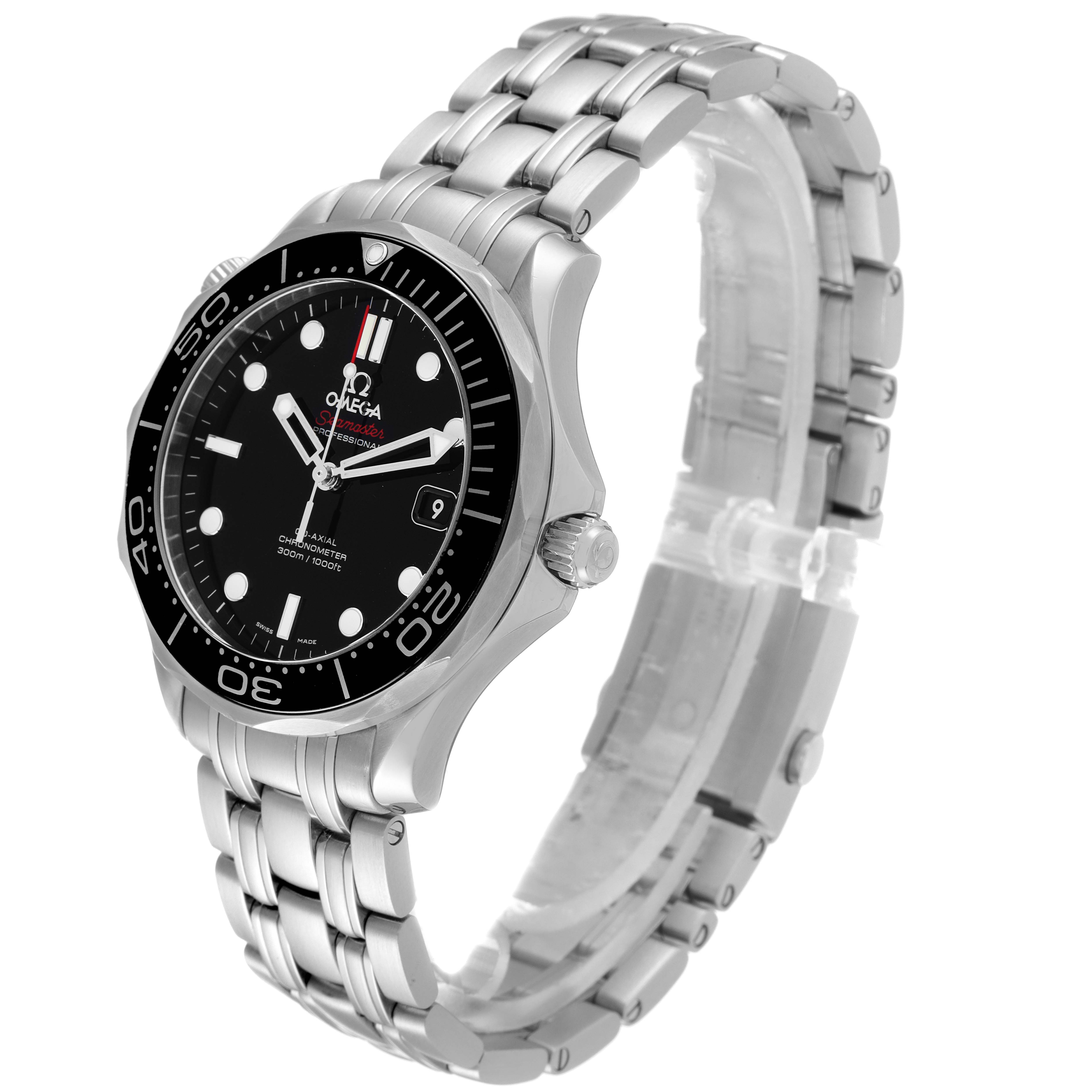 The Omega Seamaster 212.30.41.20.01.003 Men's Stainless Steel Black Dial 212.30.41.20.01.003 Men's Stainless Steel Black Dial watch is shown at a 3/4 angle, displaying the face, bezel, crown, and bracelet.