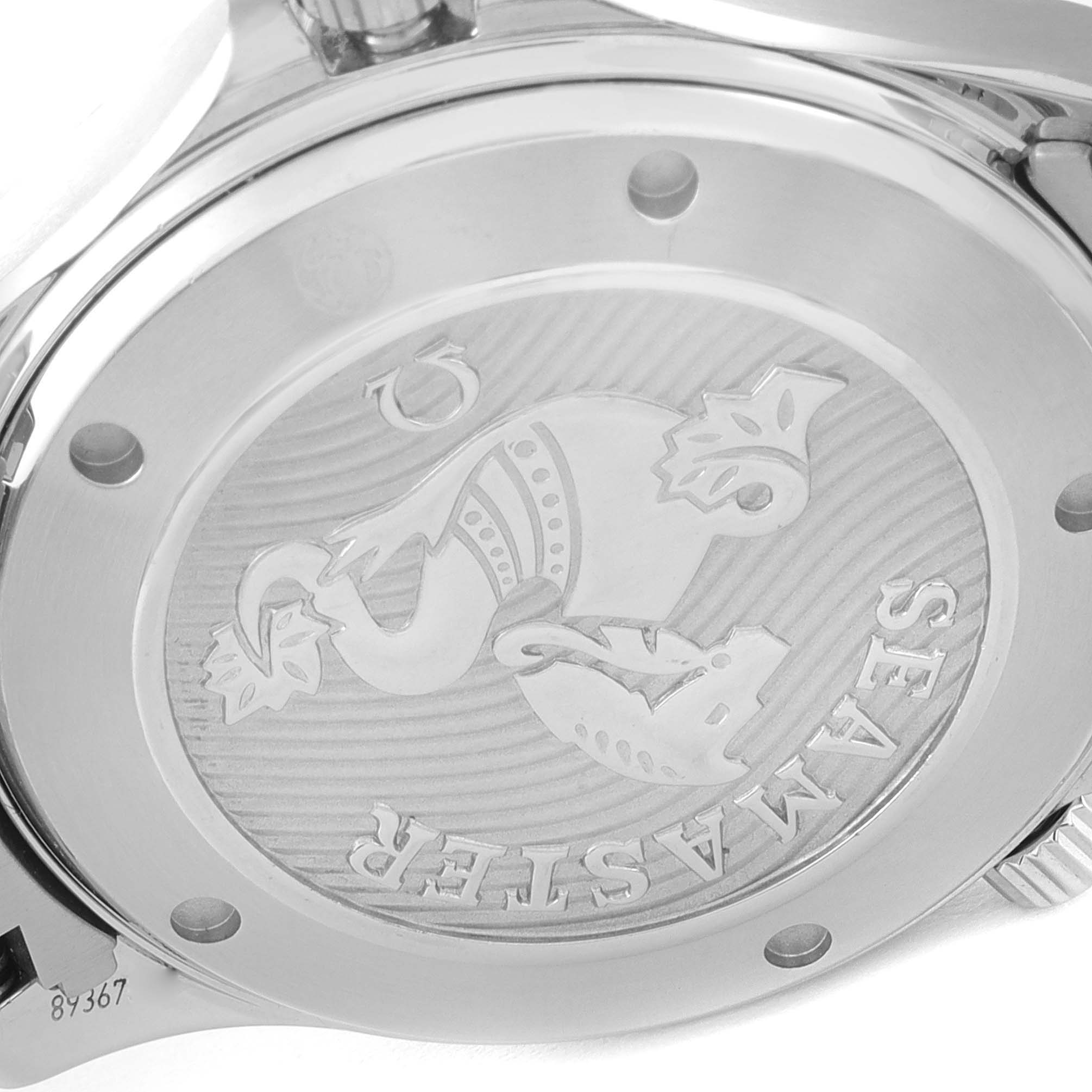 The image shows the case back of an Omega Seamaster 212.30.41.20.01.003 Men's Stainless Steel Black Dial 212.30.41.20.01.003 Men's Stainless Steel Black Dial watch, featuring its engraved emblem.