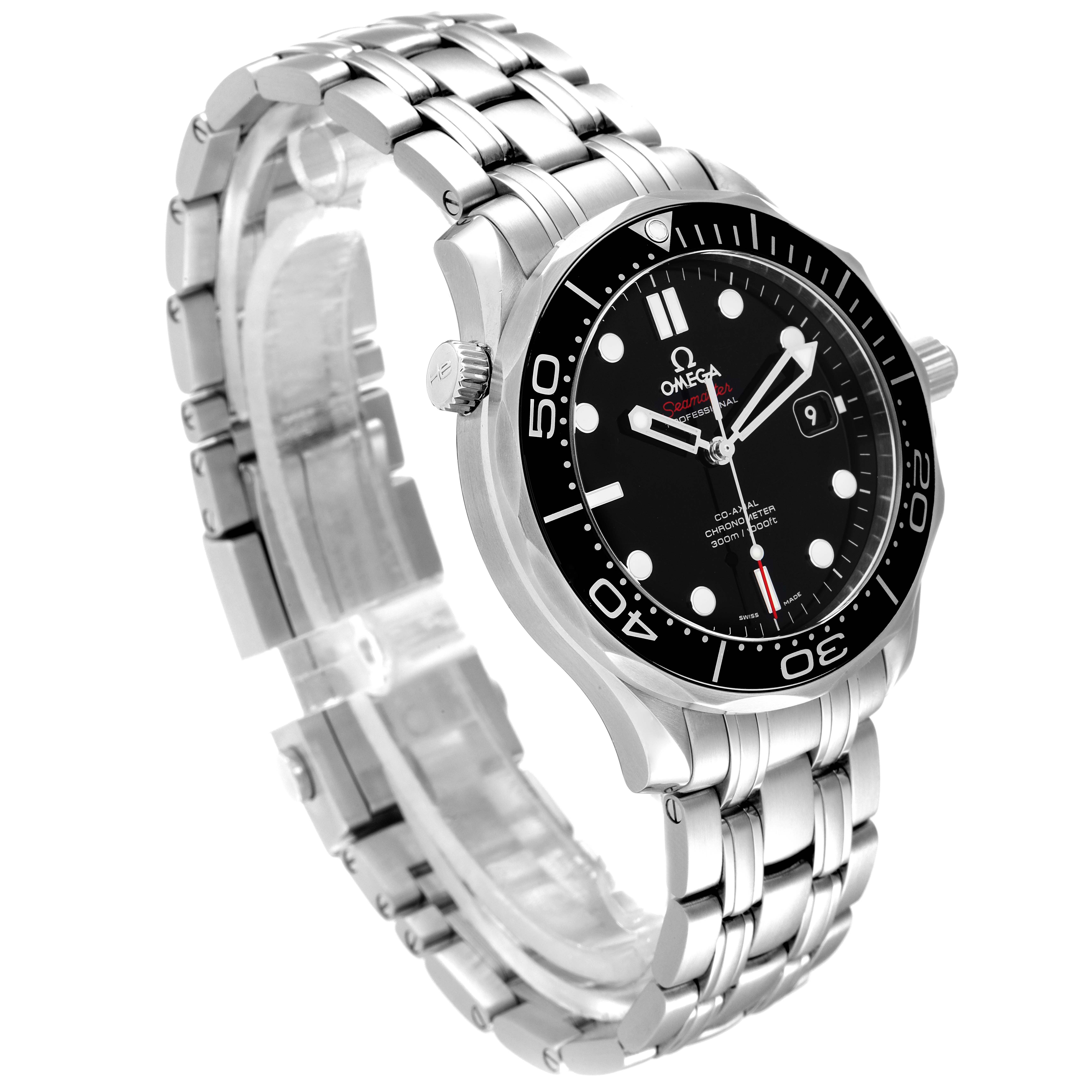 The Omega Seamaster 212.30.41.20.01.003 Men's Stainless Steel Black Dial 212.30.41.20.01.003 Men's Stainless Steel Black Dial watch is shown at an oblique angle, highlighting its black dial, bezel, and stainless steel bracelet.