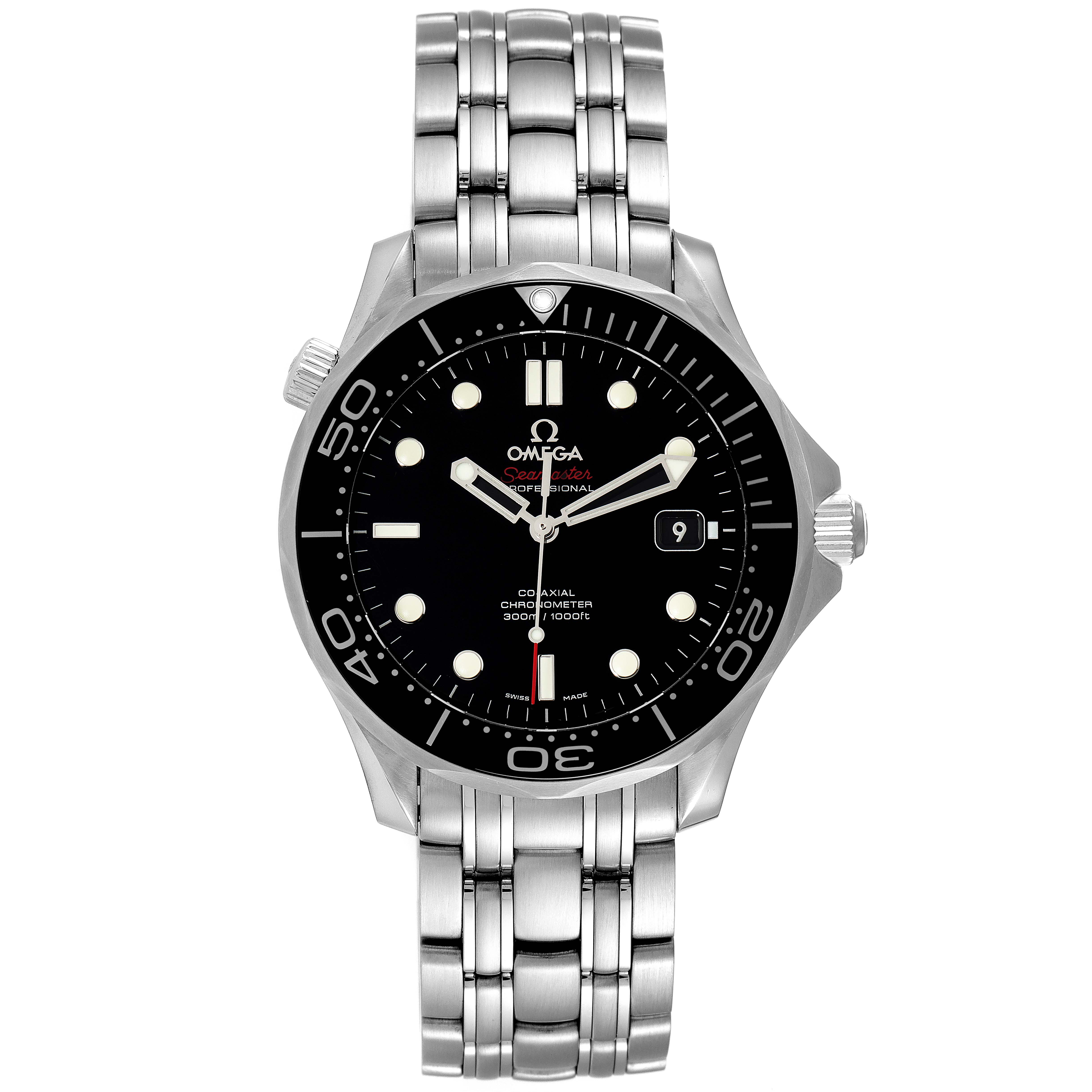 This Omega Seamaster 212.30.41.20.01.003 Men's Stainless Steel Black Dial 212.30.41.20.01.003 Men's Stainless Steel Black Dial watch is shown from the front, displaying the dial, bezel, and metal bracelet.