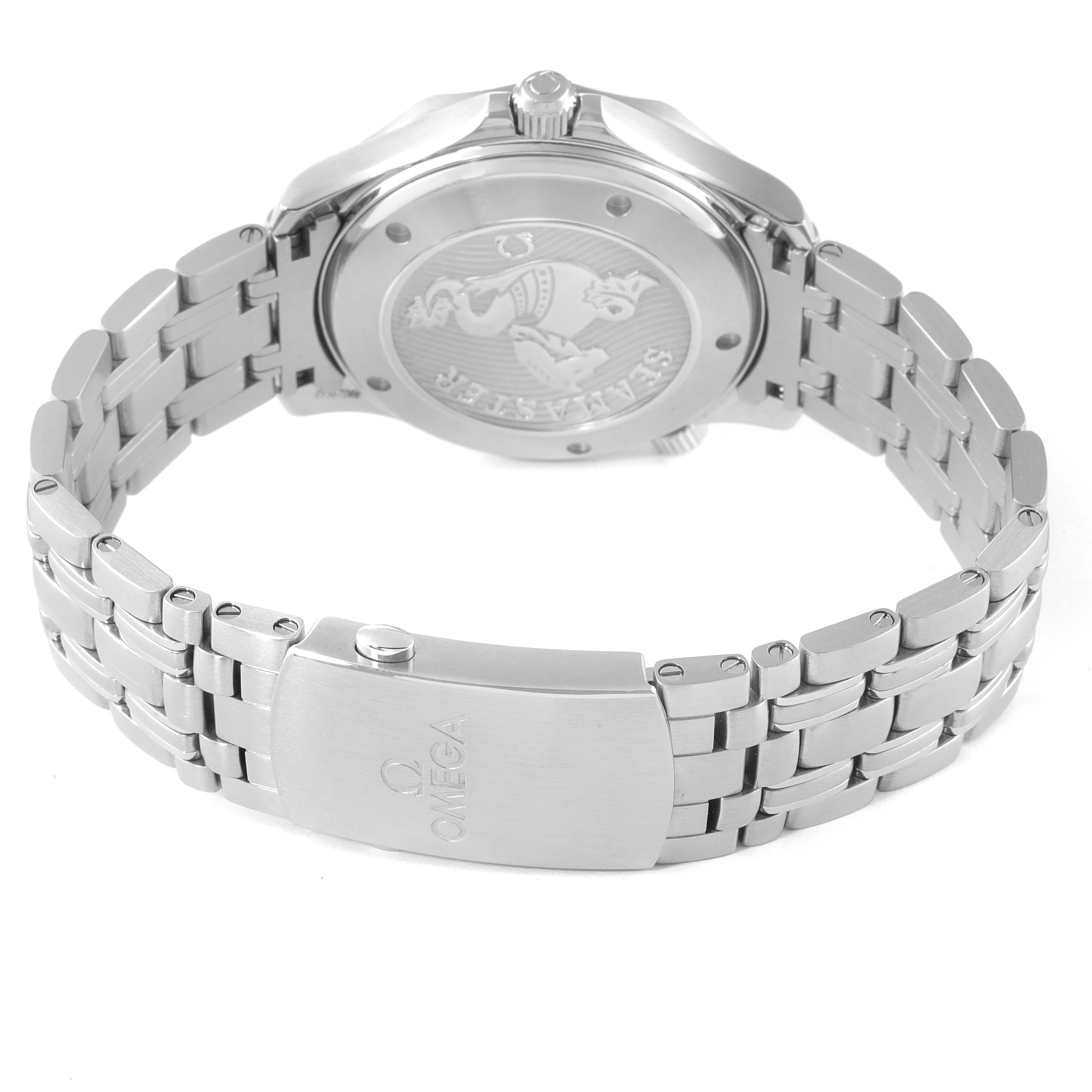 The image shows the back view of an Omega Seamaster 212.30.41.20.01.003 Men's Stainless Steel Black Dial 212.30.41.20.01.003 Men's Stainless Steel Black Dial watch, highlighting its stainless steel case back and bracelet with clasp.