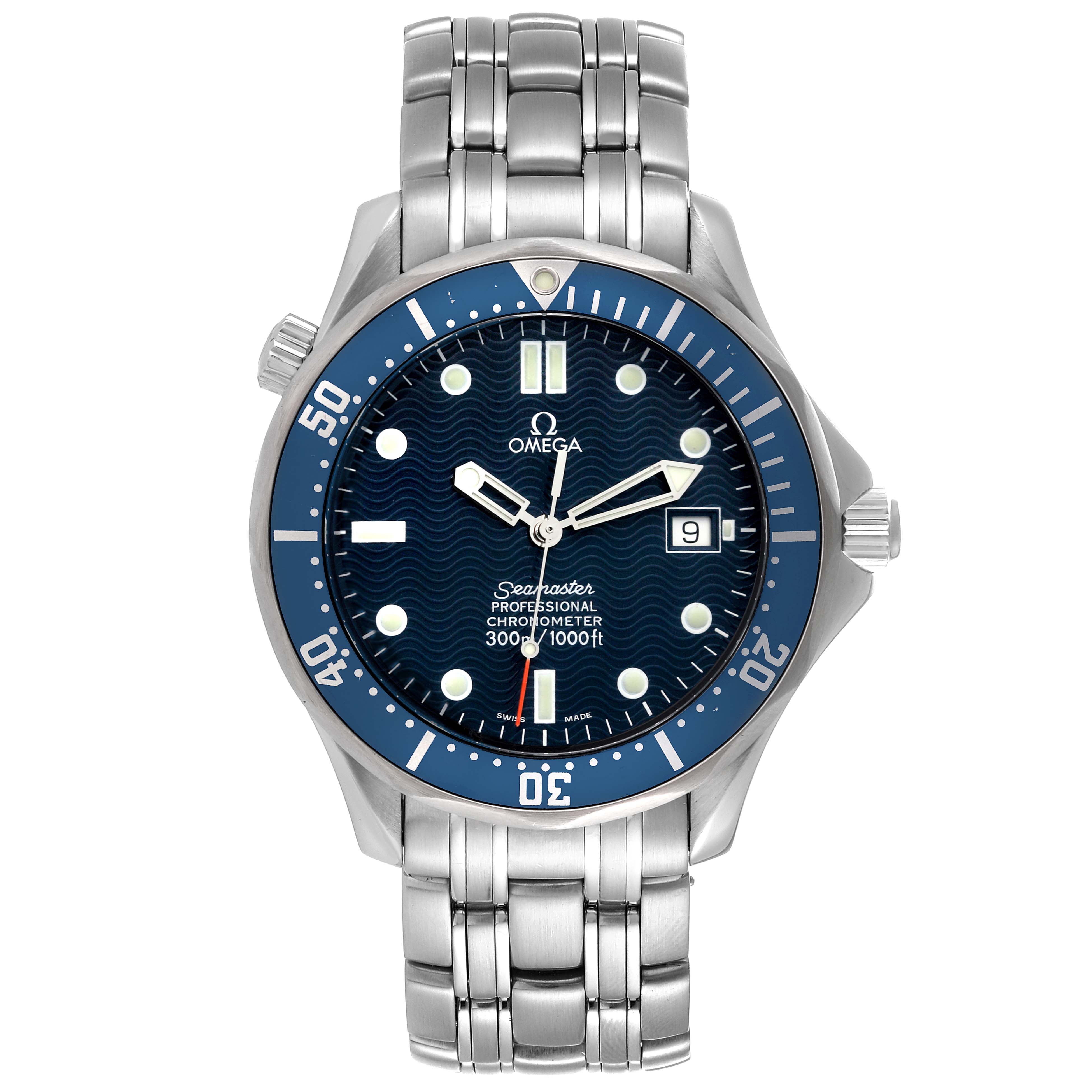 The image shows a front view of the Omega Seamaster 2531.80.00 Men's Stainless Steel Blue Dial 2531.80.00 Men's Stainless Steel Blue Dial watch, displaying its dial, bezel, and bracelet.