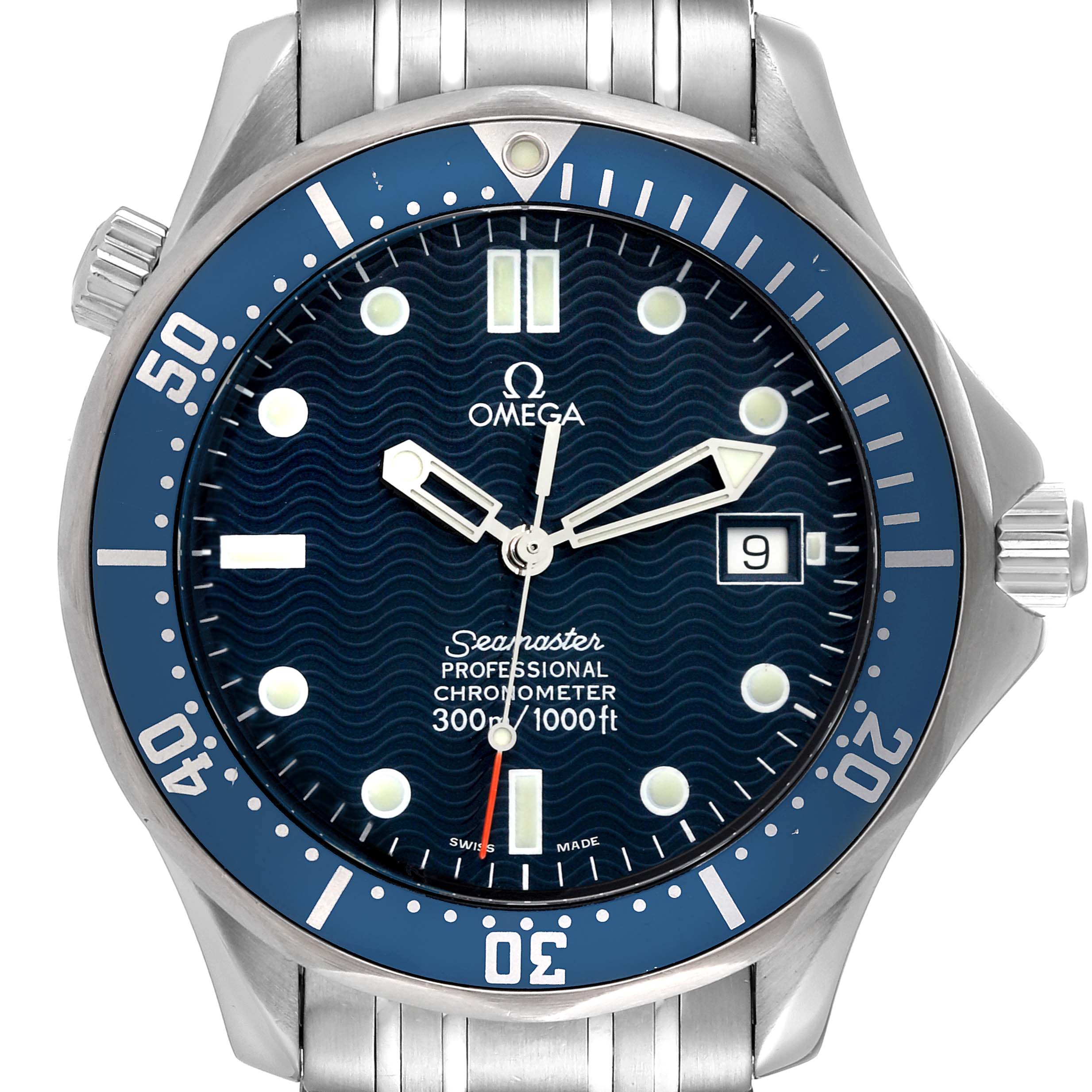 The image shows a front view of the Omega Seamaster 2531.80.00 Men's Stainless Steel Blue Dial 2531.80.00 Men's Stainless Steel Blue Dial watch, highlighting the dial, bezel, crown, and part of the bracelet.