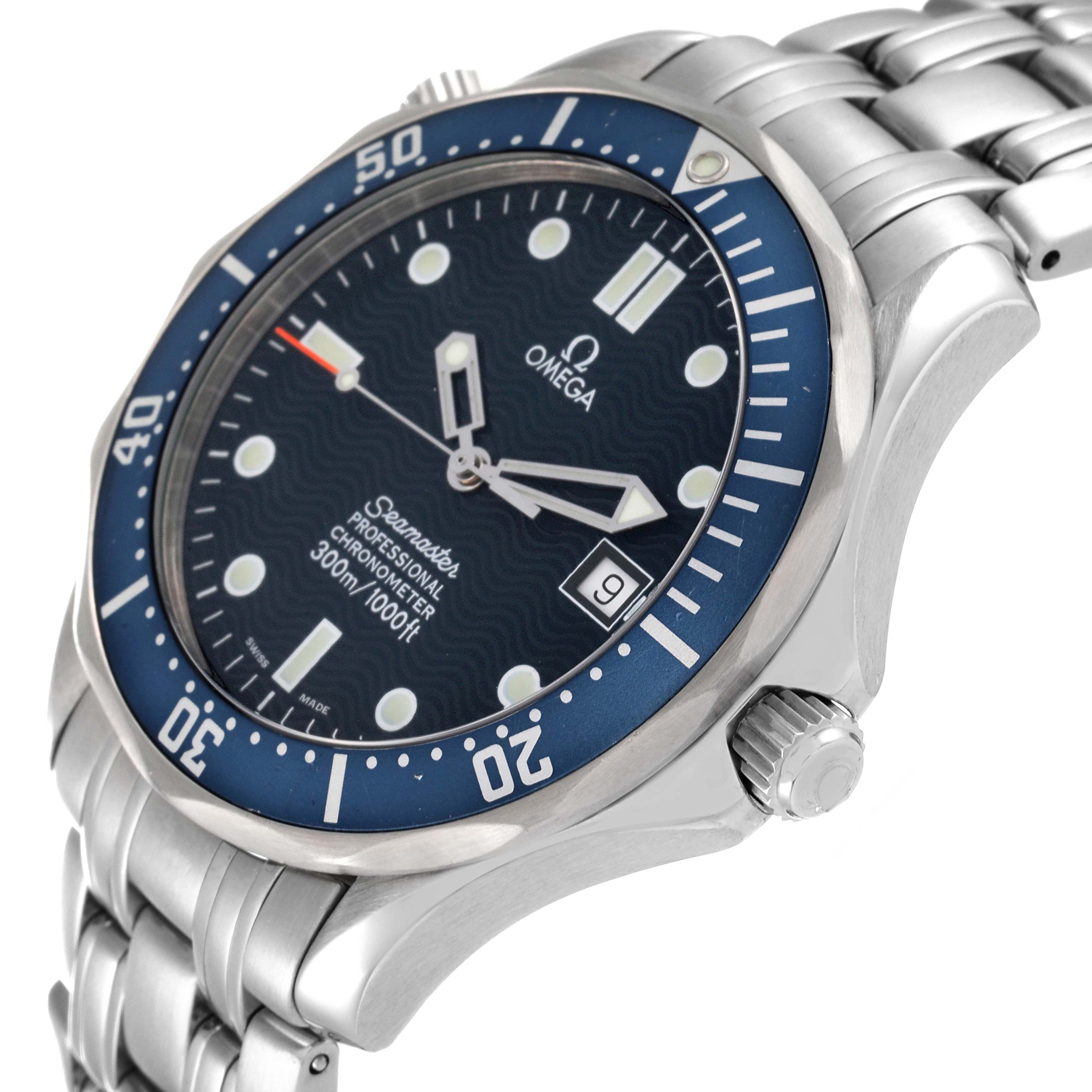 This image shows an angled view of an Omega Seamaster 2531.80.00 Men's Stainless Steel Blue Dial 2531.80.00 Men's Stainless Steel Blue Dial watch, highlighting its face, bezel, crown, and bracelet.