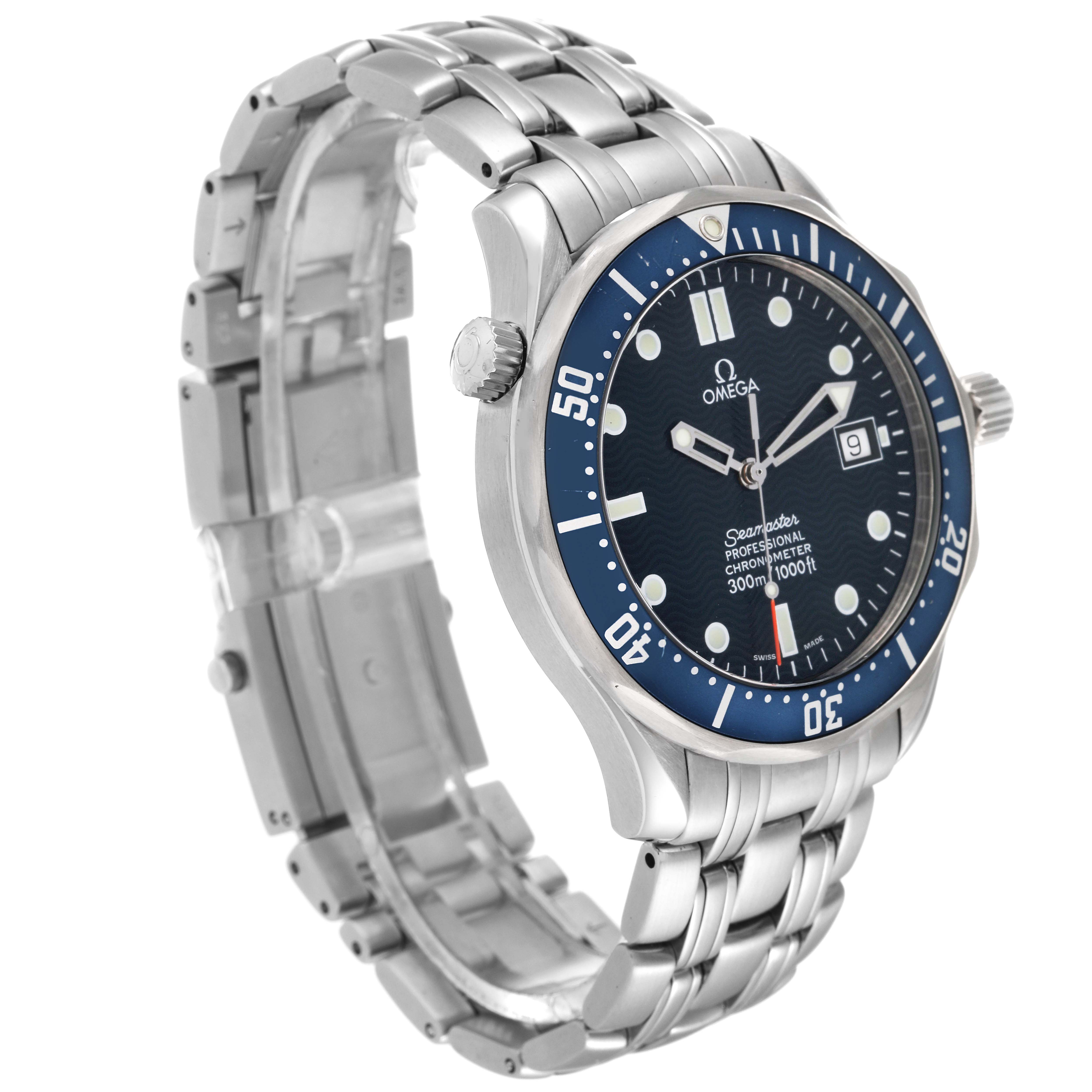 The Omega Seamaster 2531.80.00 Men's Stainless Steel Blue Dial 2531.80.00 Men's Stainless Steel Blue Dial watch is shown at a three-quarter angle, displaying its face, bezel, crown, and metal bracelet.