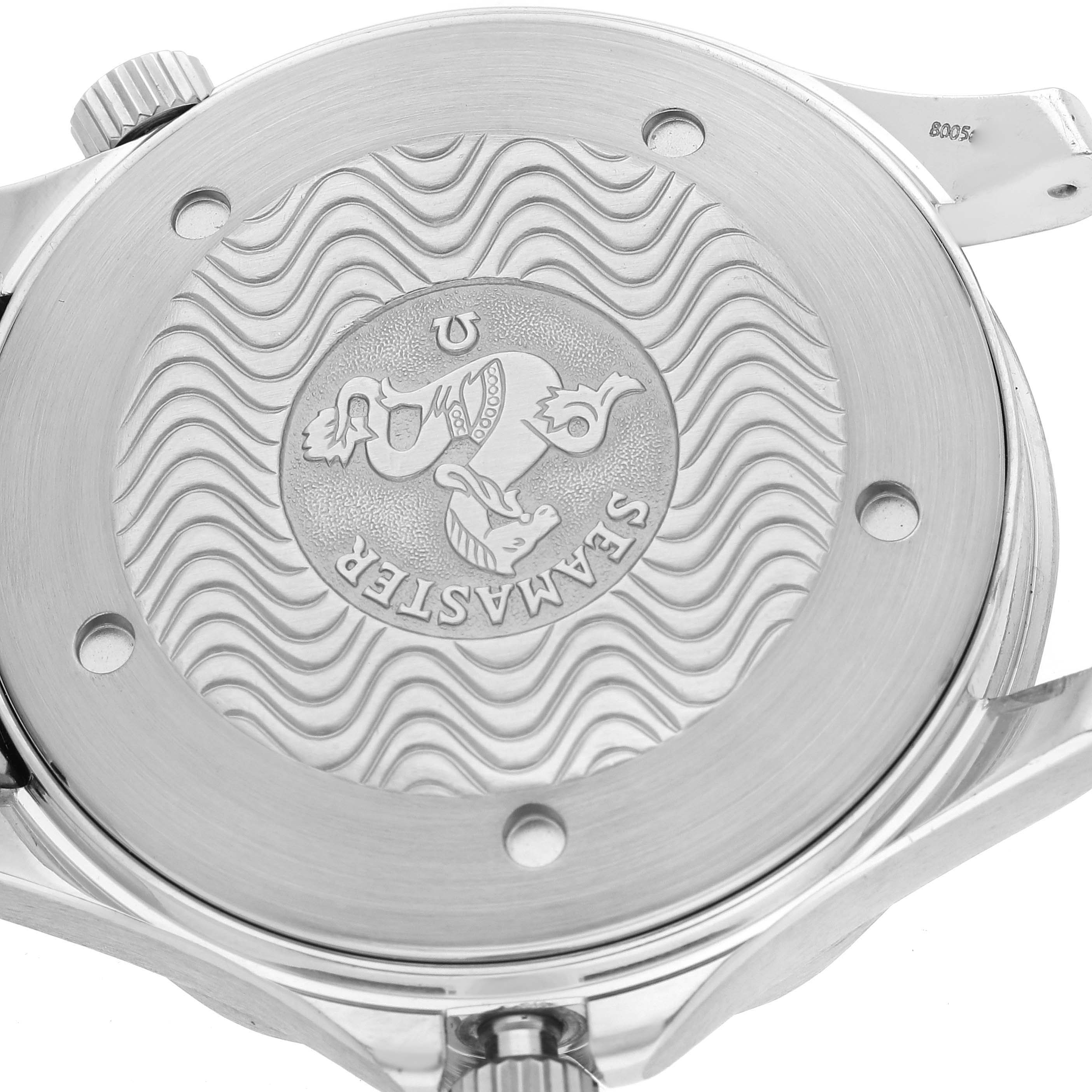 The image shows the case back of an Omega Seamaster 2531.80.00 Men's Stainless Steel Blue Dial 2531.80.00 Men's Stainless Steel Blue Dial watch from a close-up angle.