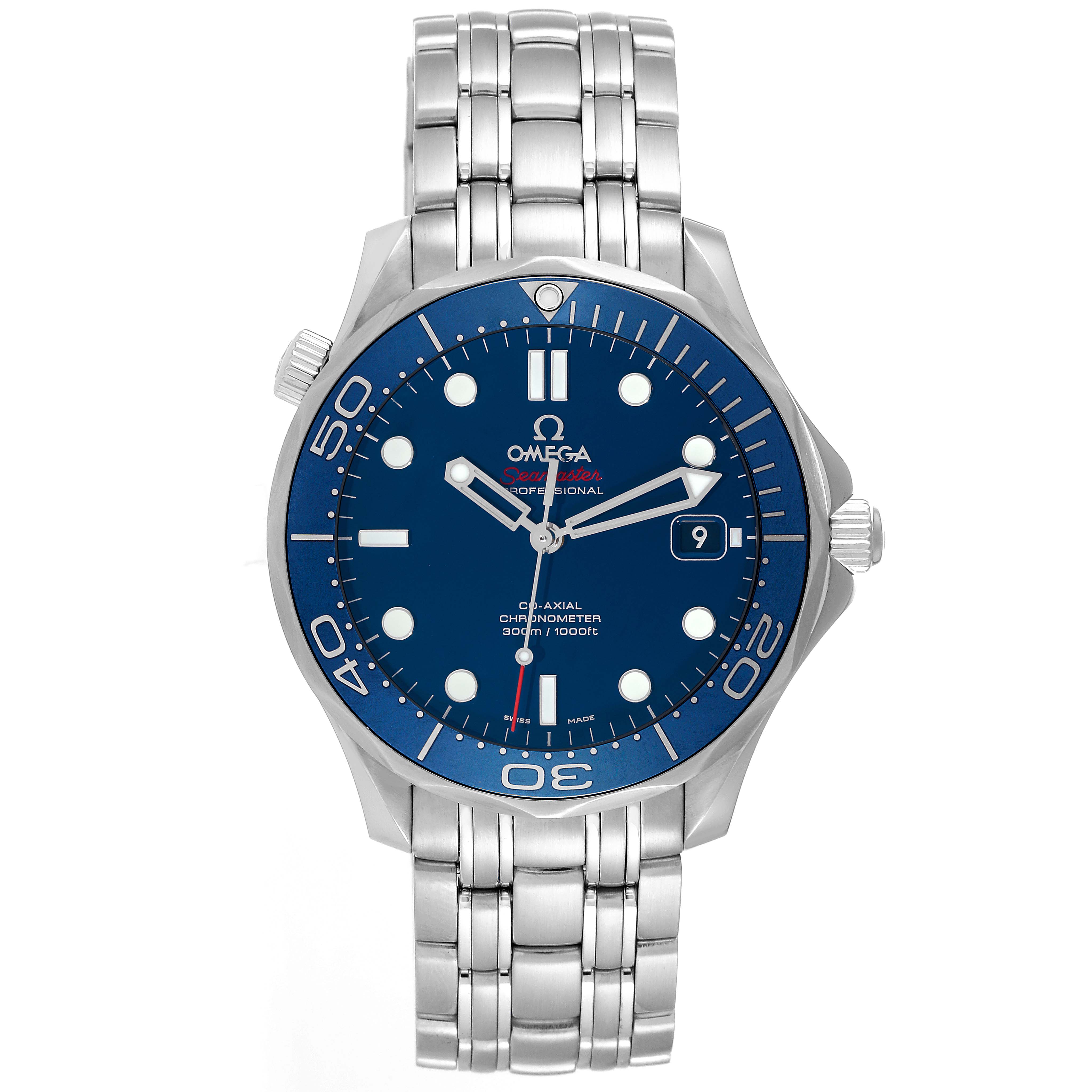 The image shows a frontal view of the Omega Seamaster 212.30.41.20.03.001 Men
s Stainless Steel Blue Dial 212.30.41.20.03.001 Men
s Stainless Steel Blue Dial watch, featuring its blue dial, bezel, bracelet, and date window.