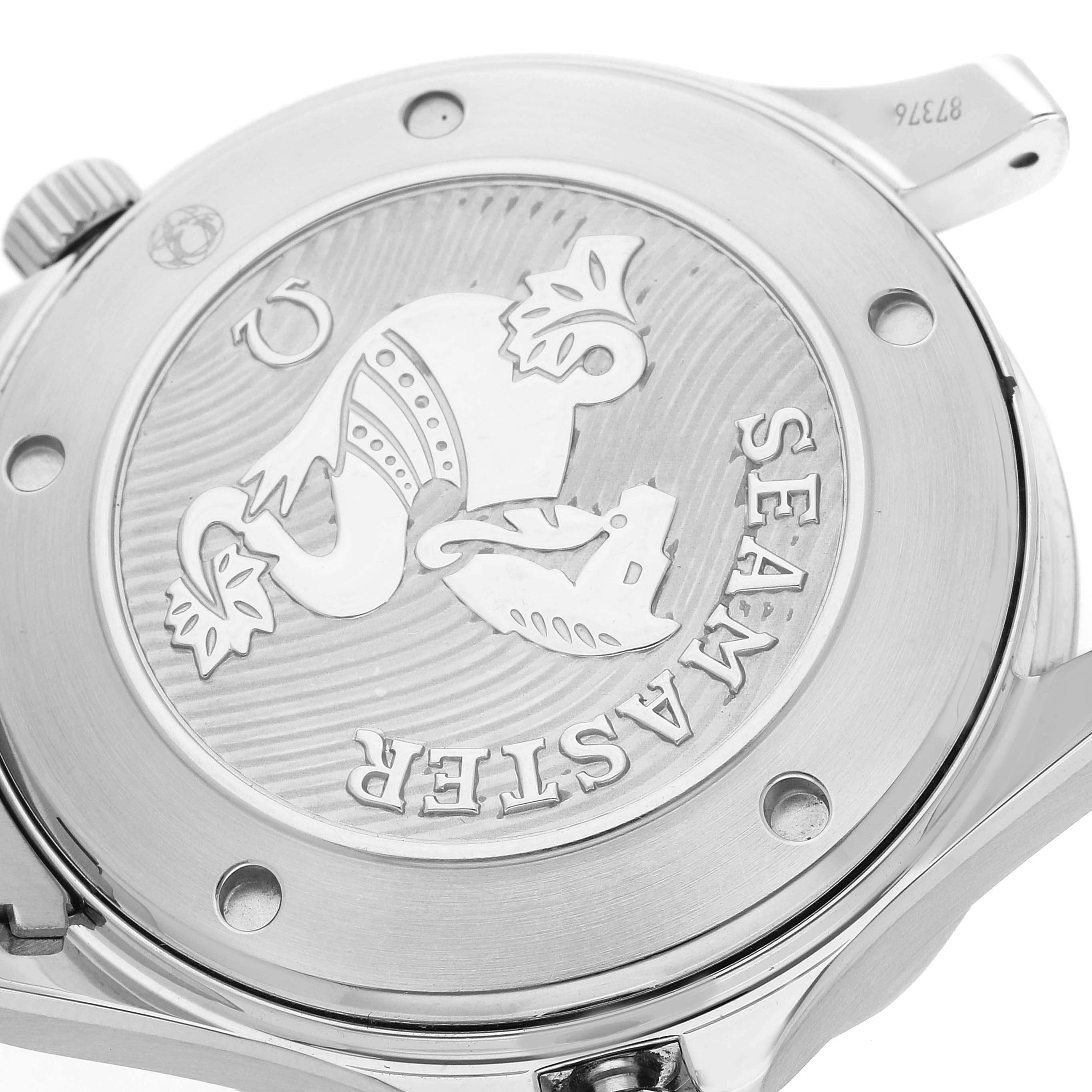 The image shows the back case of an Omega Seamaster 212.30.41.20.03.001 Men
s Stainless Steel Blue Dial 212.30.41.20.03.001 Men
s Stainless Steel Blue Dial watch at an angle, featuring the Seamaster logo.