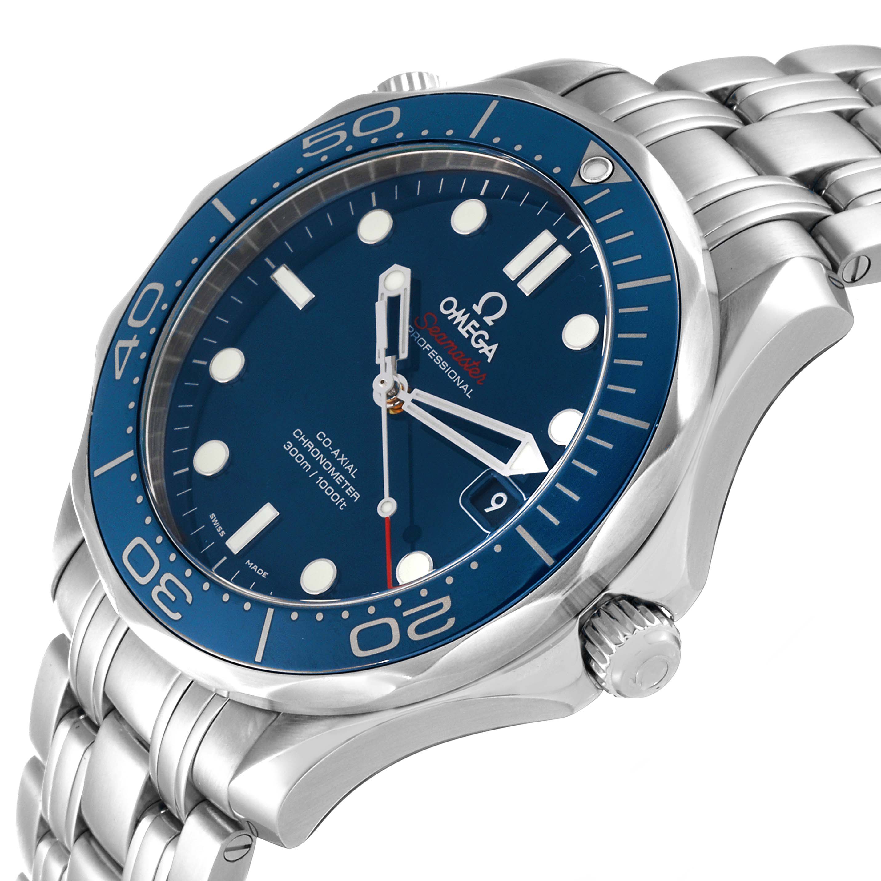 The Omega Seamaster 212.30.41.20.03.001 Men
s Stainless Steel Blue Dial 212.30.41.20.03.001 Men
s Stainless Steel Blue Dial watch is shown at an angled close-up, highlighting its blue dial, bezel, and part of its metal bracelet.