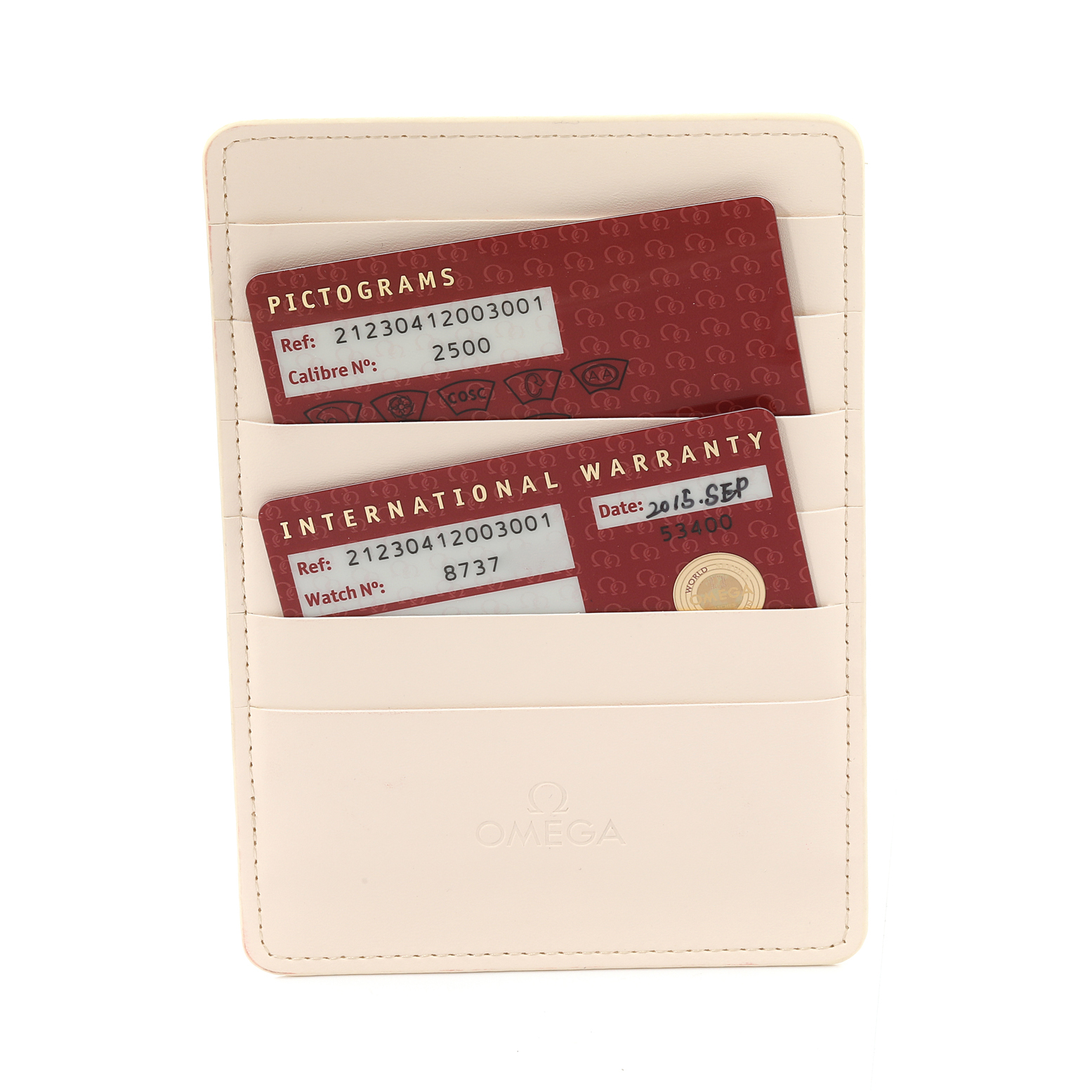 This image shows the pictograms and international warranty cards for the Omega Seamaster 212.30.41.20.03.001 Men
s Stainless Steel Blue Dial 212.30.41.20.03.001 Men
s Stainless Steel Blue Dial model.