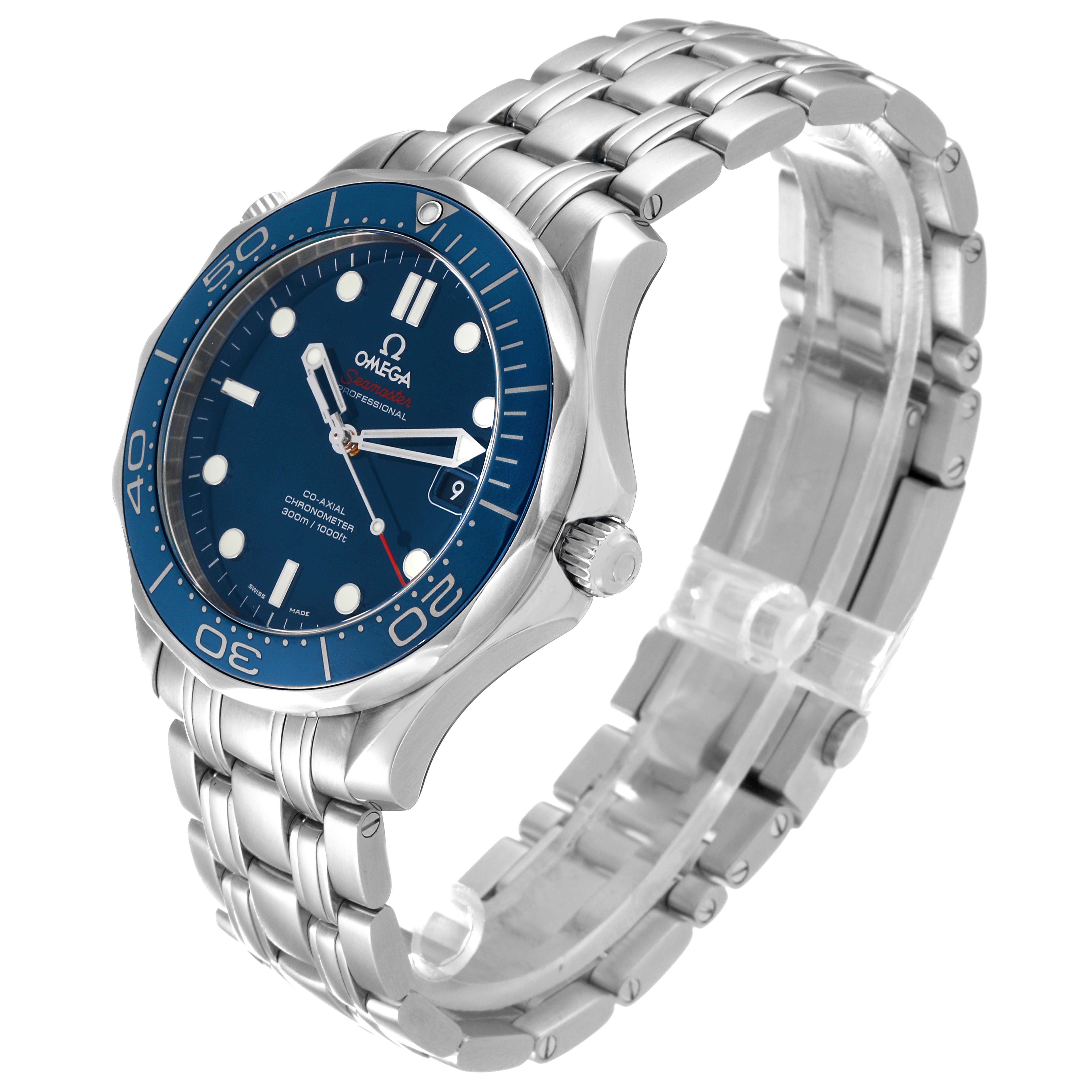 The Omega Seamaster 212.30.41.20.03.001 Men
s Stainless Steel Blue Dial 212.30.41.20.03.001 Men
s Stainless Steel Blue Dial watch is shown at a three-quarter angle, highlighting the blue dial, bezel, and stainless steel bracelet.
