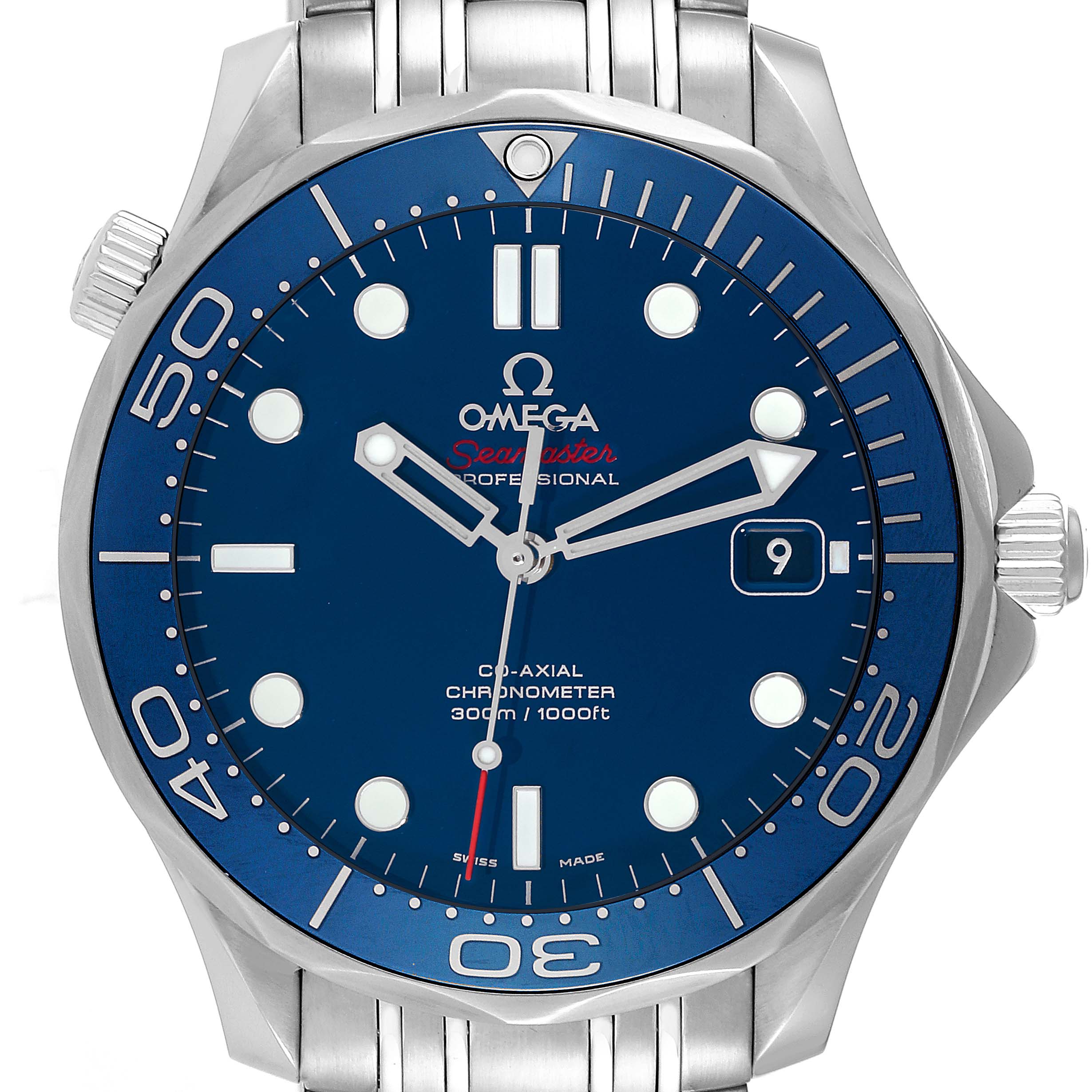 The image shows a front view of the Omega Seamaster 212.30.41.20.03.001 Men
s Stainless Steel Blue Dial 212.30.41.20.03.001 Men
s Stainless Steel Blue Dial watch, displaying its blue dial, bezel, and stainless steel bracelet.