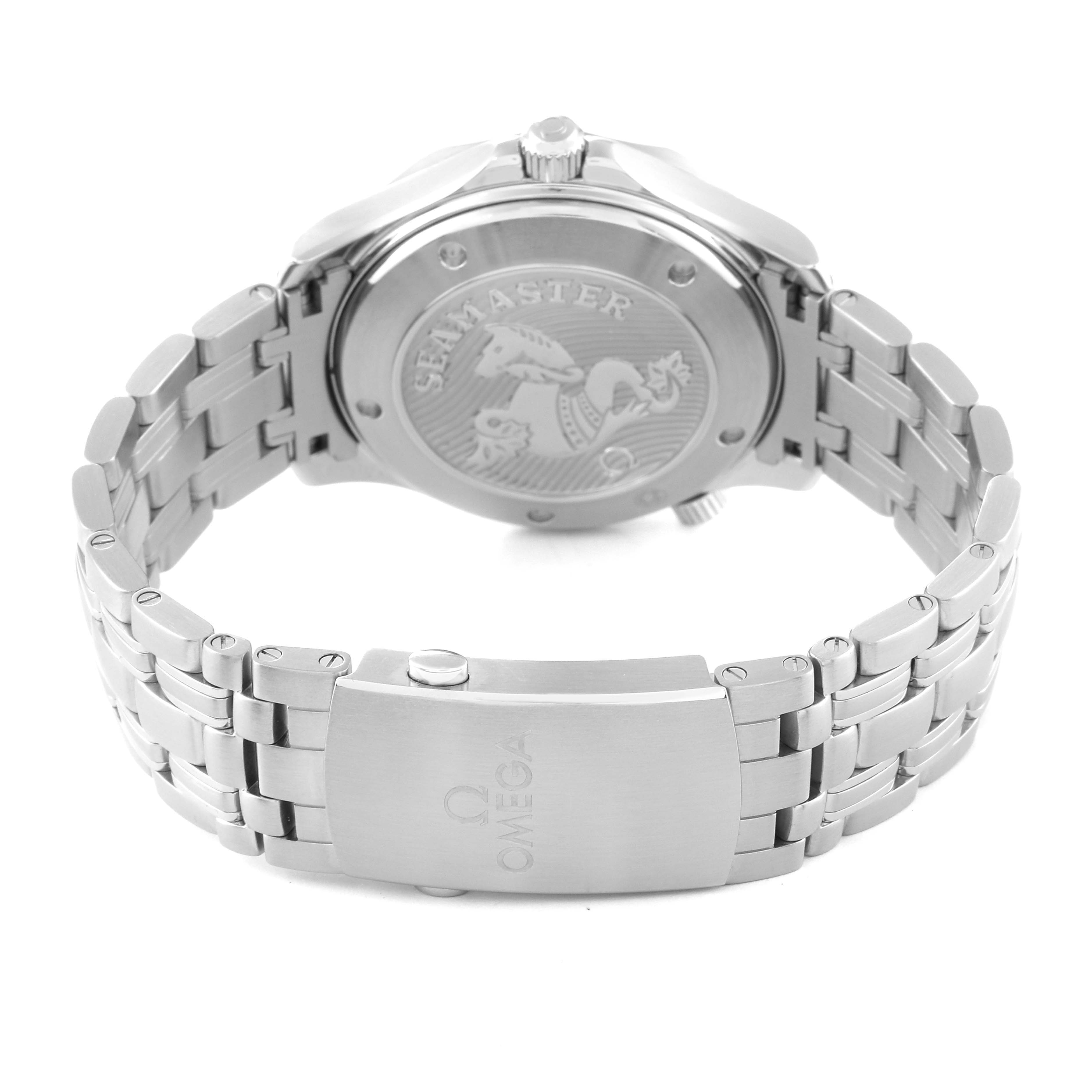 This image of the Omega Seamaster 212.30.41.20.03.001 Men
s Stainless Steel Blue Dial 212.30.41.20.03.001 Men
s Stainless Steel Blue Dial watch shows the back of the case and the open clasp of the metal bracelet.