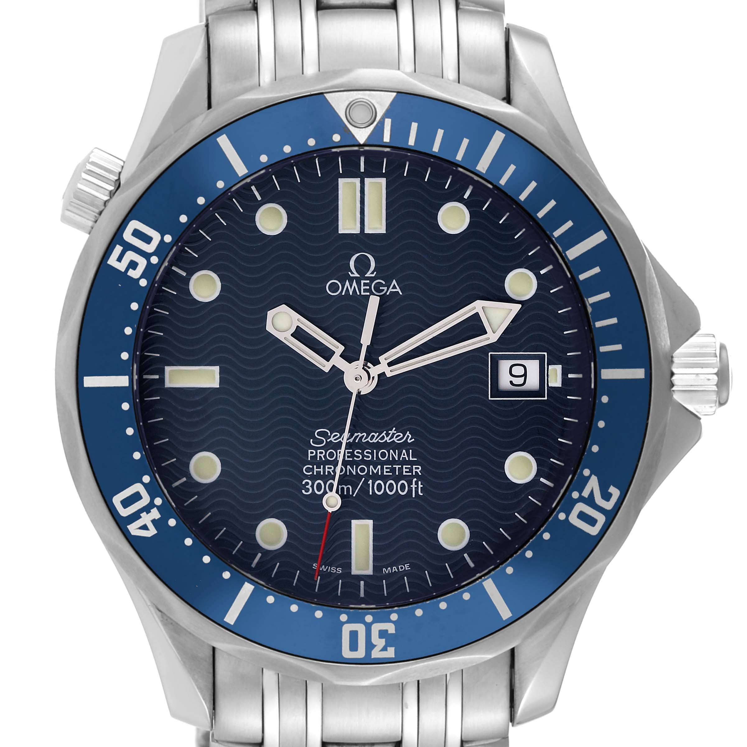 The image shows a front close-up of the Omega Seamaster 2531.80.00 Men
s Stainless Steel Blue Dial 2531.80.00 Men
s Stainless Steel Blue Dial Professional Chronometer watch face, bezel, and part of the metal bracelet.