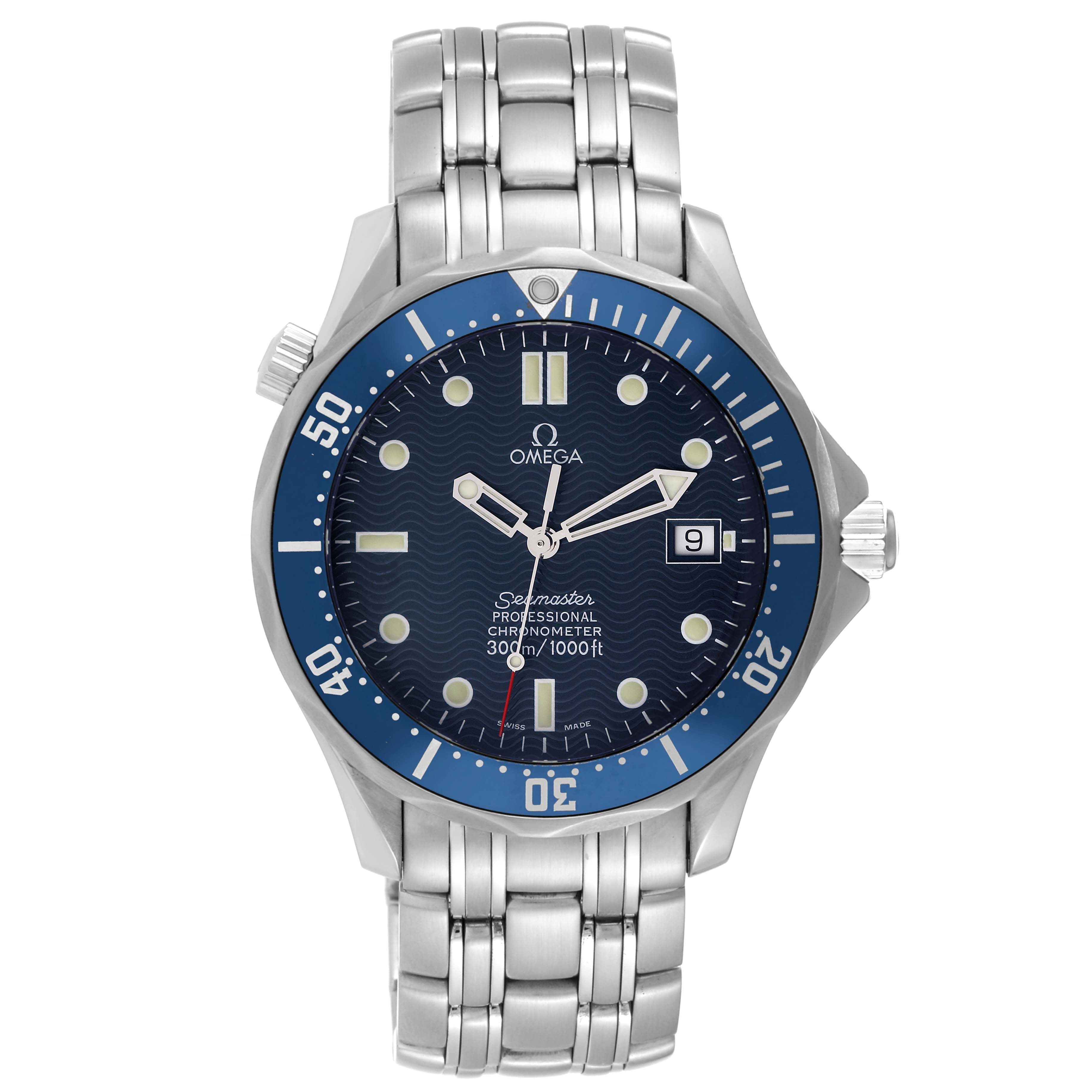 This Omega Seamaster 2531.80.00 Men
s Stainless Steel Blue Dial 2531.80.00 Men
s Stainless Steel Blue Dial watch is shown from a front angle, highlighting its dial, bezel, and metal bracelet.
