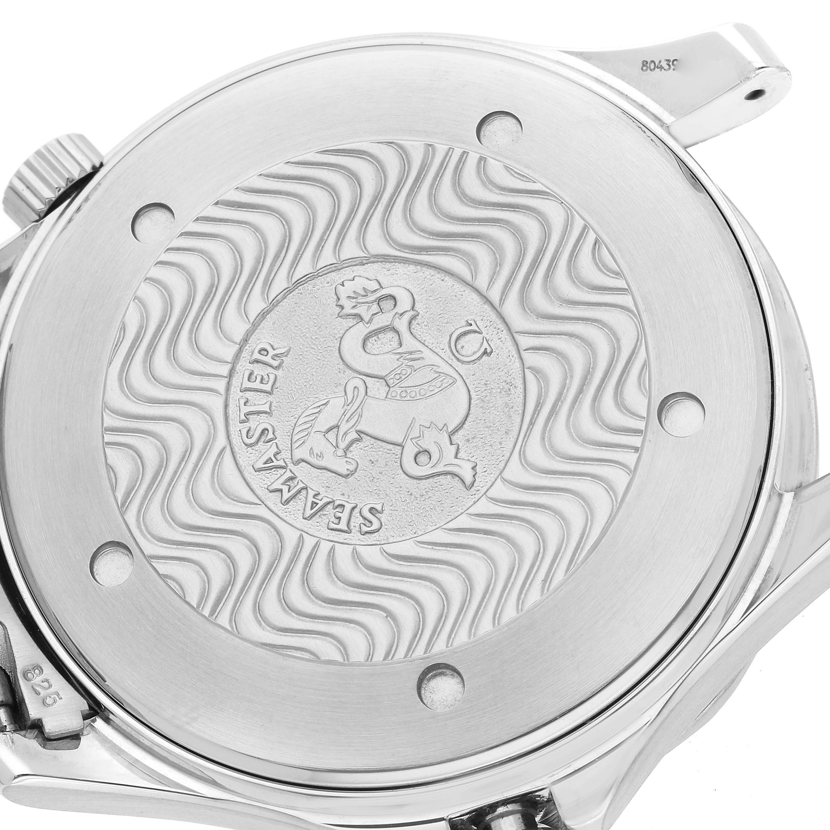 This image shows the case back of an Omega Seamaster 2531.80.00 Men
s Stainless Steel Blue Dial 2531.80.00 Men
s Stainless Steel Blue Dial watch, featuring an engraved design and the brand
s logo.