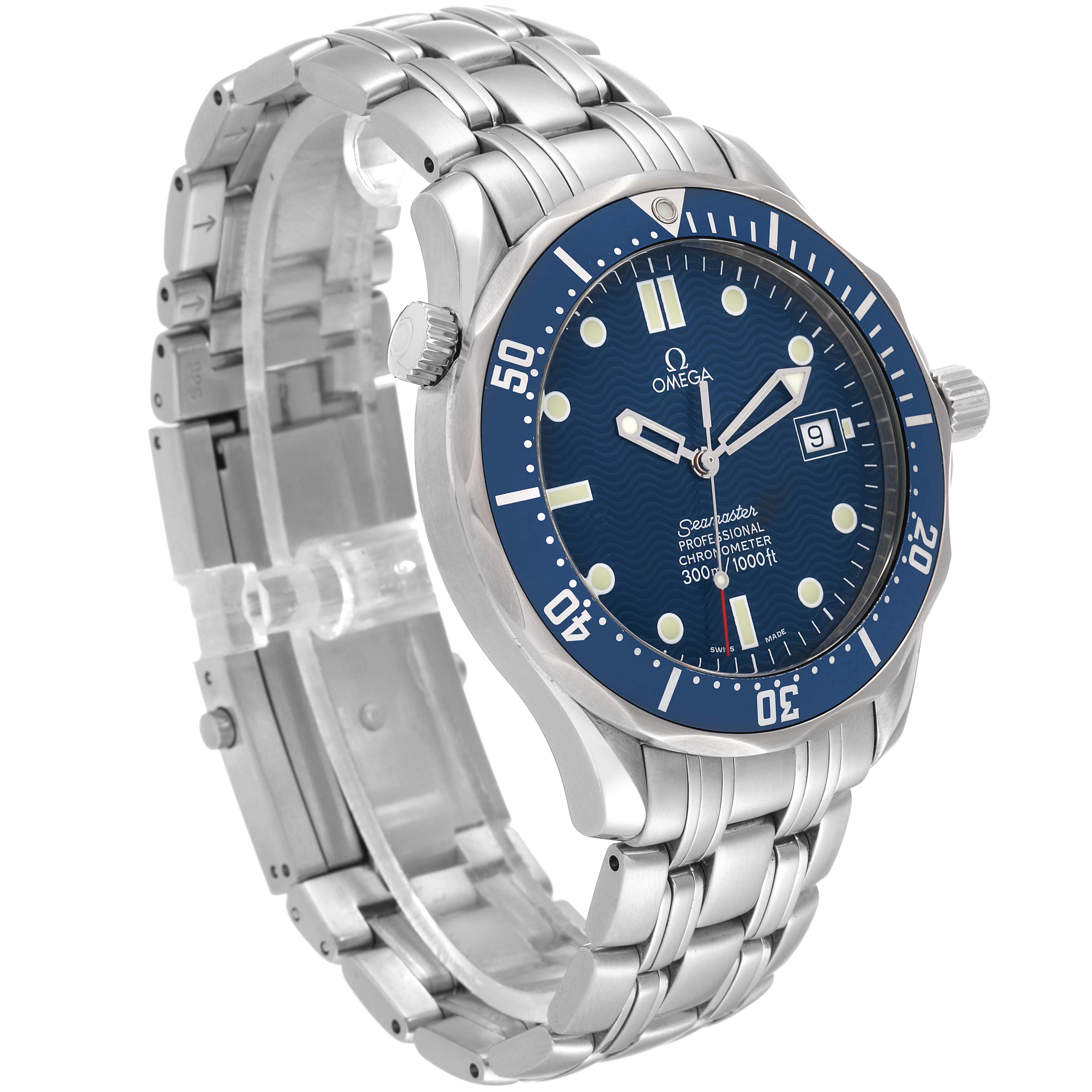 The image shows a side and front angle of an Omega Seamaster 2531.80.00 Men
s Stainless Steel Blue Dial 2531.80.00 Men
s Stainless Steel Blue Dial watch, highlighting its blue dial, bezel, and stainless steel bracelet.