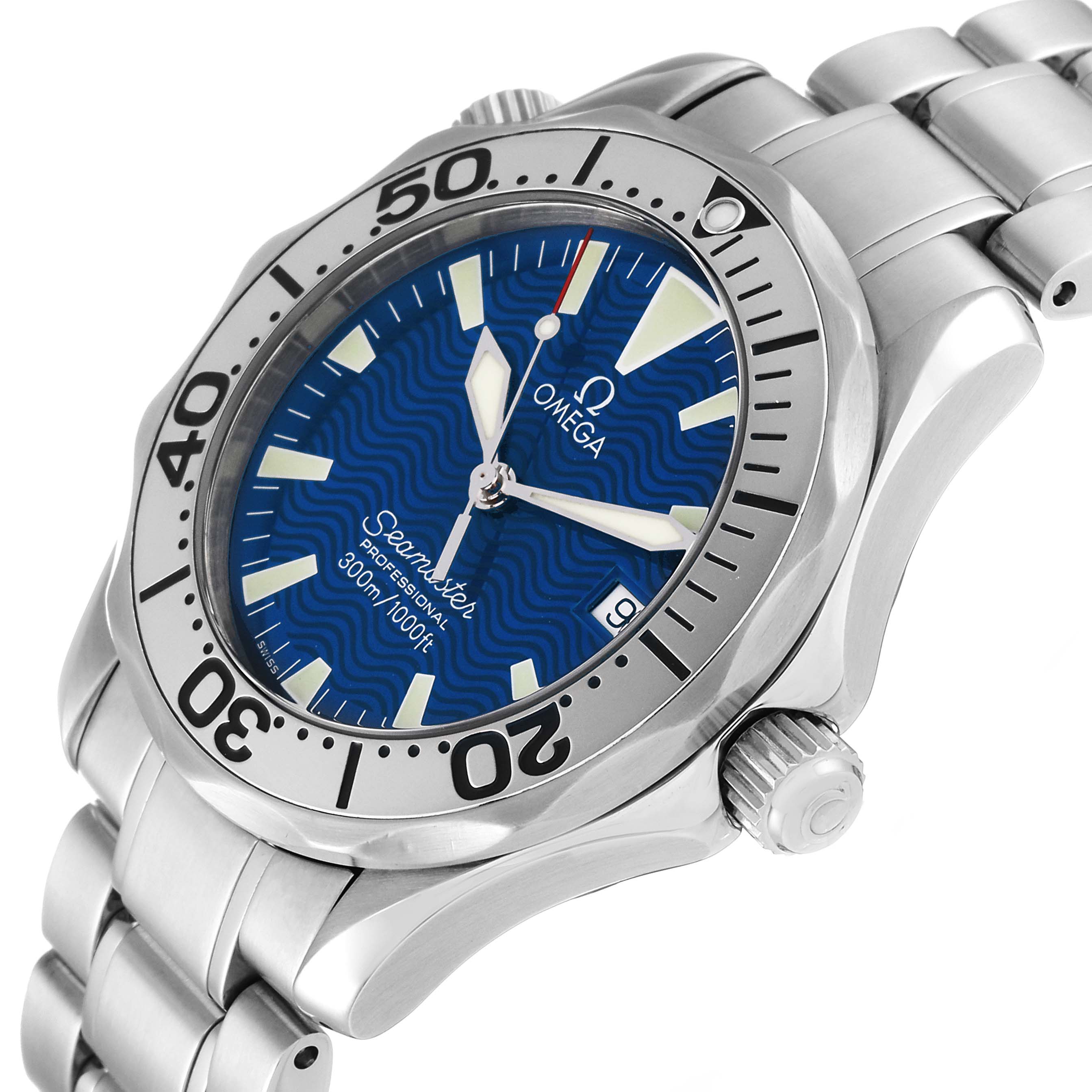 This image shows an angled view of the Omega Seamaster 2263.80.00 Men
s Stainless Steel Blue Dial 2263.80.00 Men
s Stainless Steel Blue Dial, displaying its dial, bezel, crown, and part of the stainless steel bracelet.