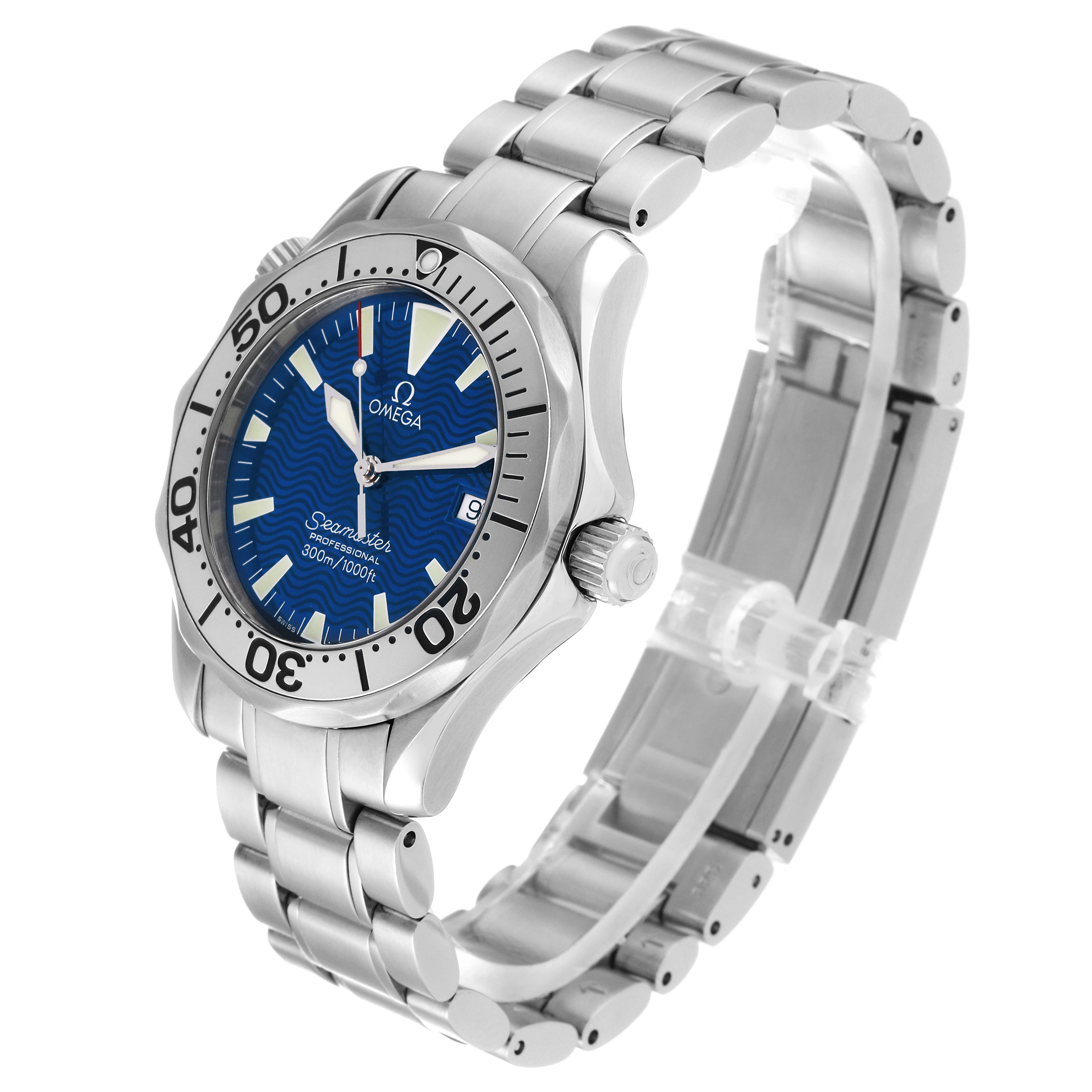 The image shows an angled side view of an Omega Seamaster 2263.80.00 Men
s Stainless Steel Blue Dial 2263.80.00 Men
s Stainless Steel Blue Dial watch, highlighting the face, bezel, crown, and metal bracelet.