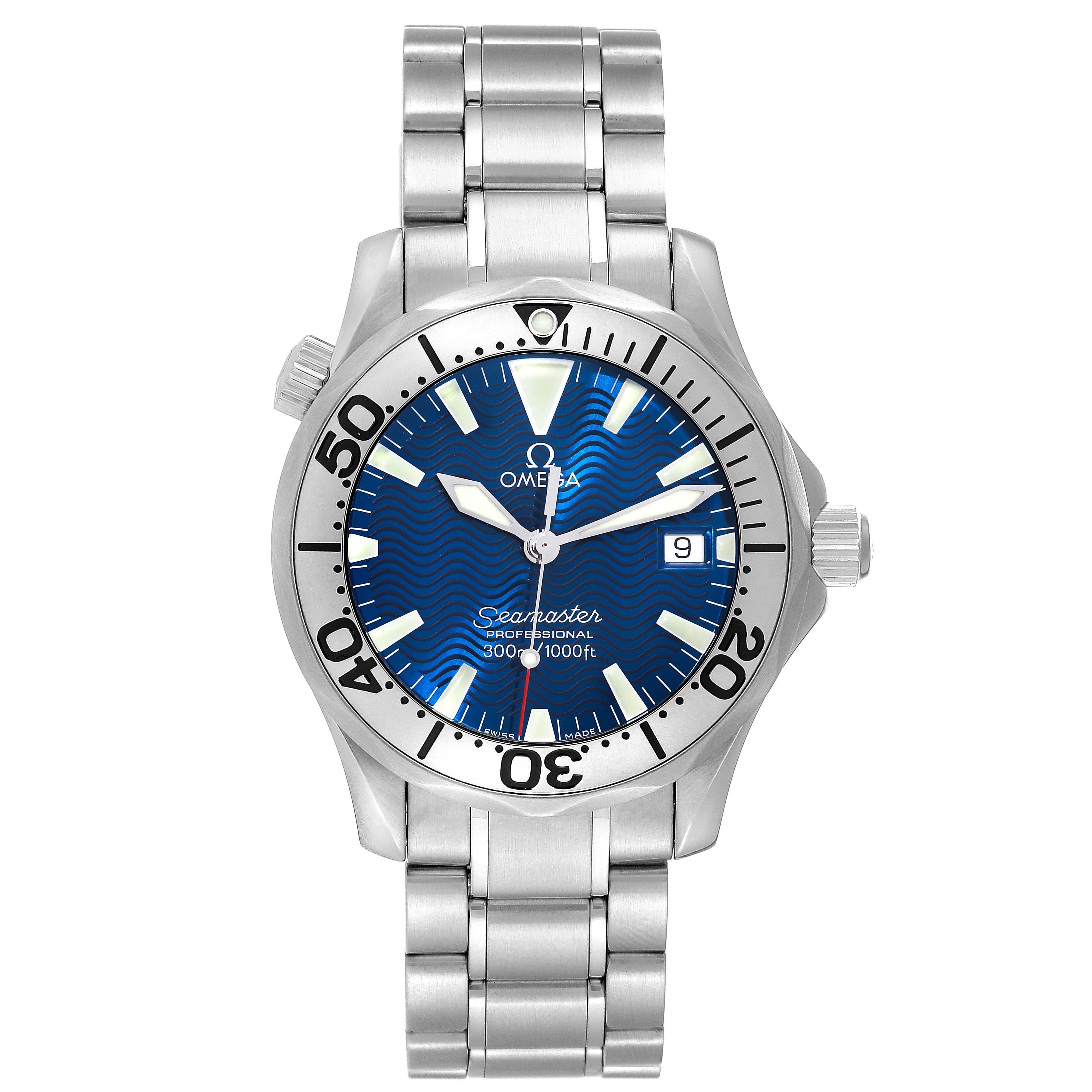 The image shows the front view of an Omega Seamaster 2263.80.00 Men
s Stainless Steel Blue Dial 2263.80.00 Men
s Stainless Steel Blue Dial watch, displaying the face, bezel, and stainless steel bracelet.