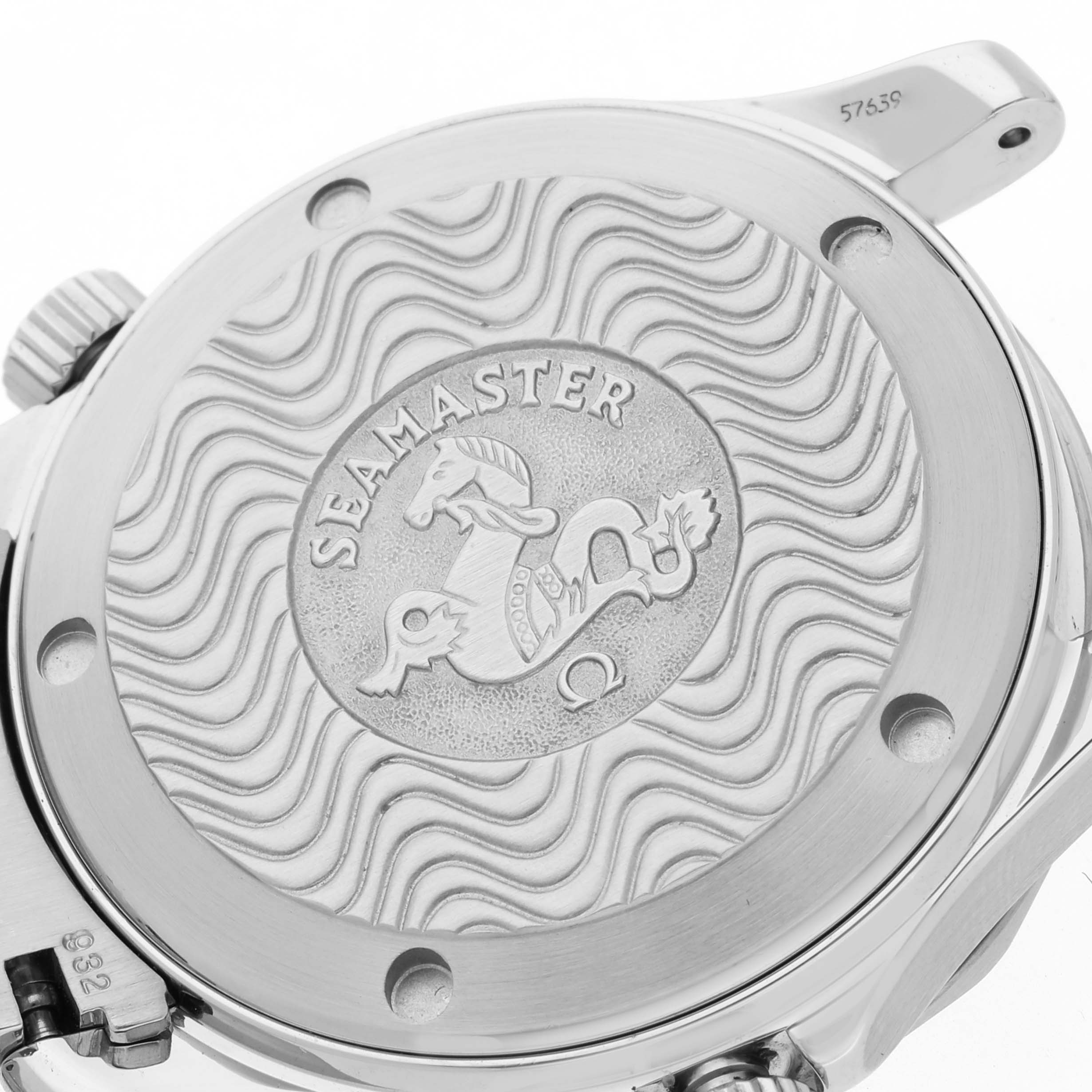 This image shows the engraved case back of an Omega Seamaster 2263.80.00 Men
s Stainless Steel Blue Dial 2263.80.00 Men
s Stainless Steel Blue Dial watch at an angled view.