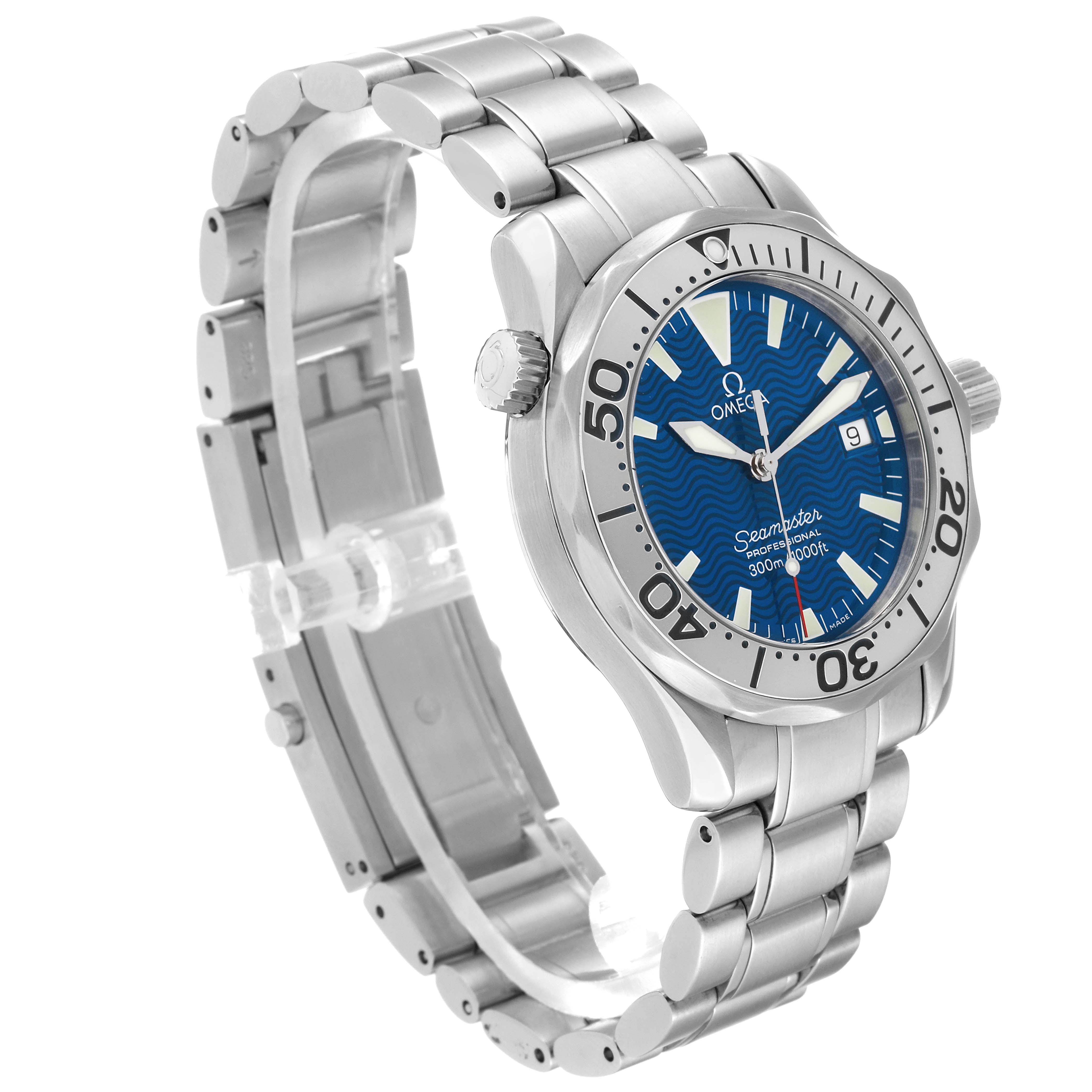 The image shows a side and angled view of the Omega Seamaster 2263.80.00 Men
s Stainless Steel Blue Dial 2263.80.00 Men
s Stainless Steel Blue Dial watch, highlighting the face, bezel, crown, and metal bracelet.