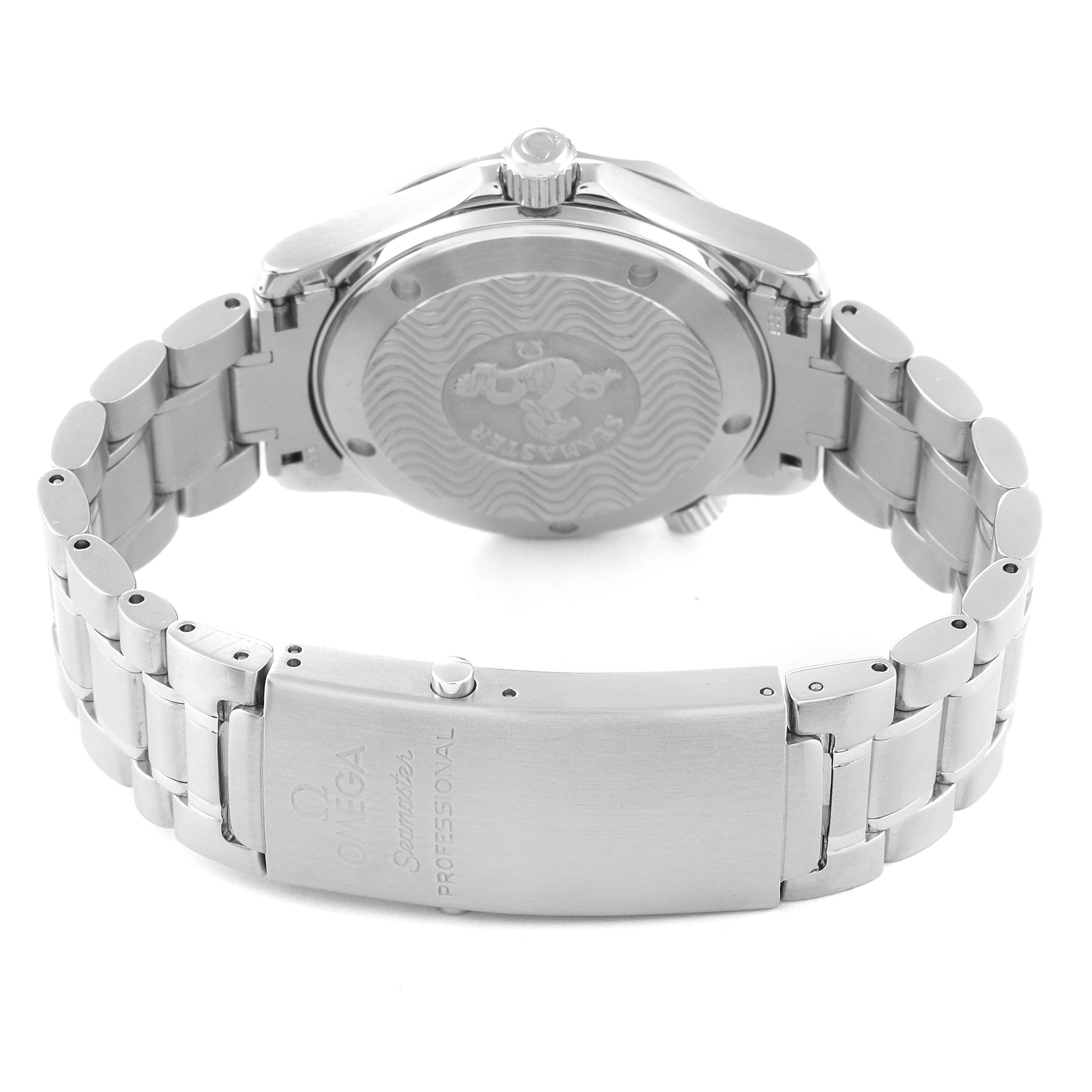The image shows the back side and clasp of an Omega Seamaster 2263.80.00 Men
s Stainless Steel Blue Dial 2263.80.00 Men
s Stainless Steel Blue Dial watch, highlighting the bracelet and case back.