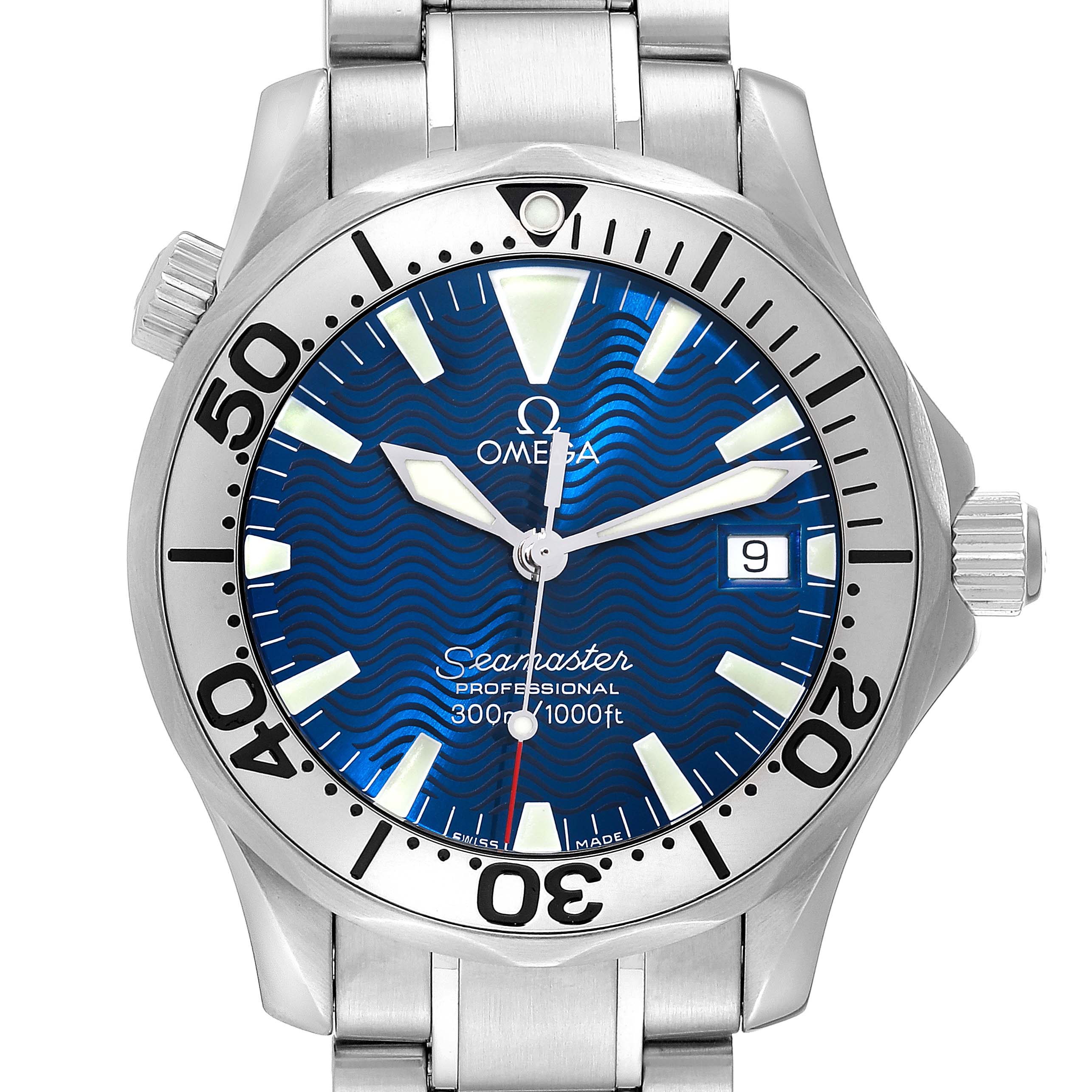 The Omega Seamaster 2263.80.00 Men
s Stainless Steel Blue Dial 2263.80.00 Men
s Stainless Steel Blue Dial watch is shown from a front view, highlighting the dial, bezel, and part of the bracelet.