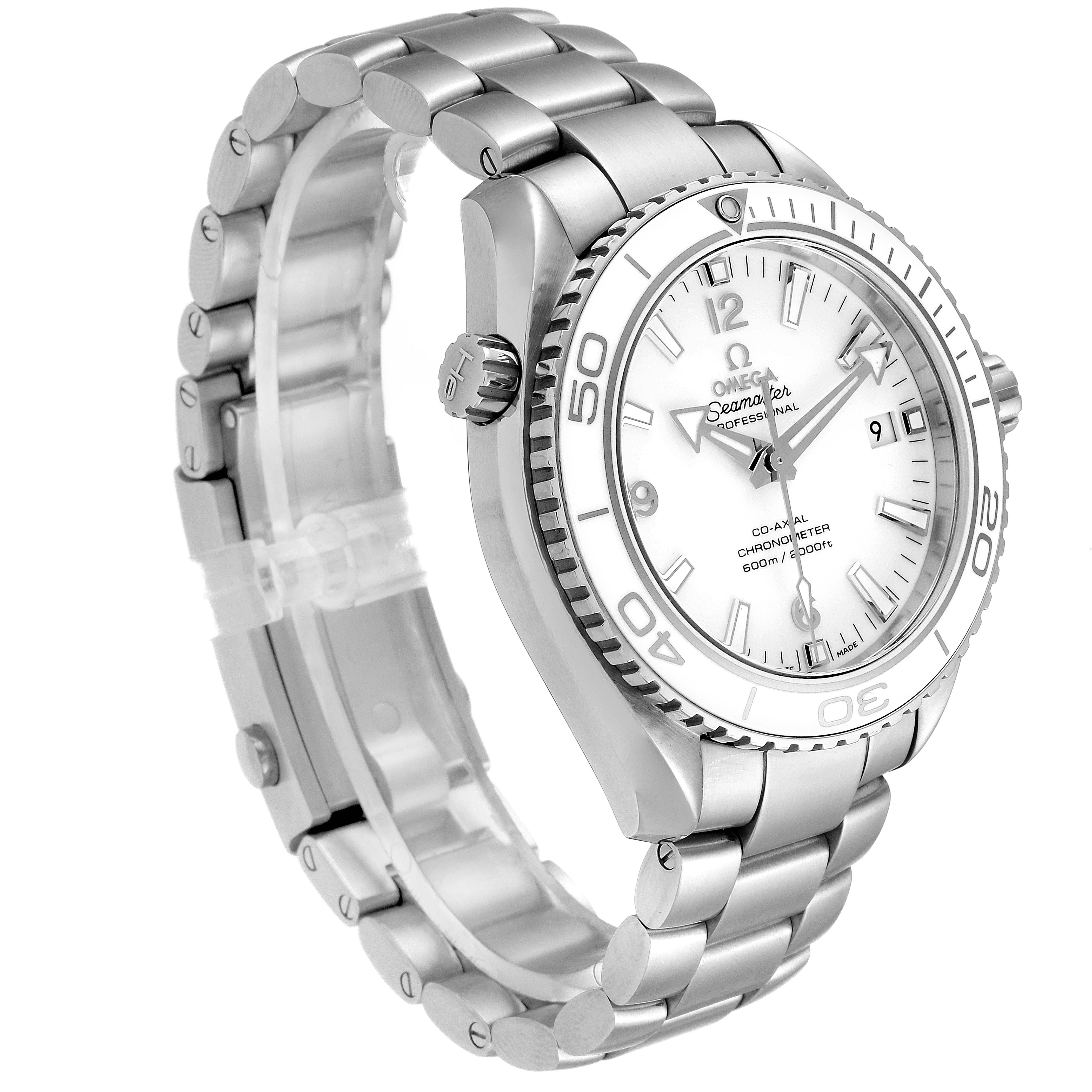 The image shows a slightly angled side view of the Omega Planet Ocean 232.30.42.21.04.001 Men
s Stainless Steel White Dial 232.30.42.21.04.001 Men
s Stainless Steel White Dial watch, highlighting its bezel, crown, and metal bracelet.