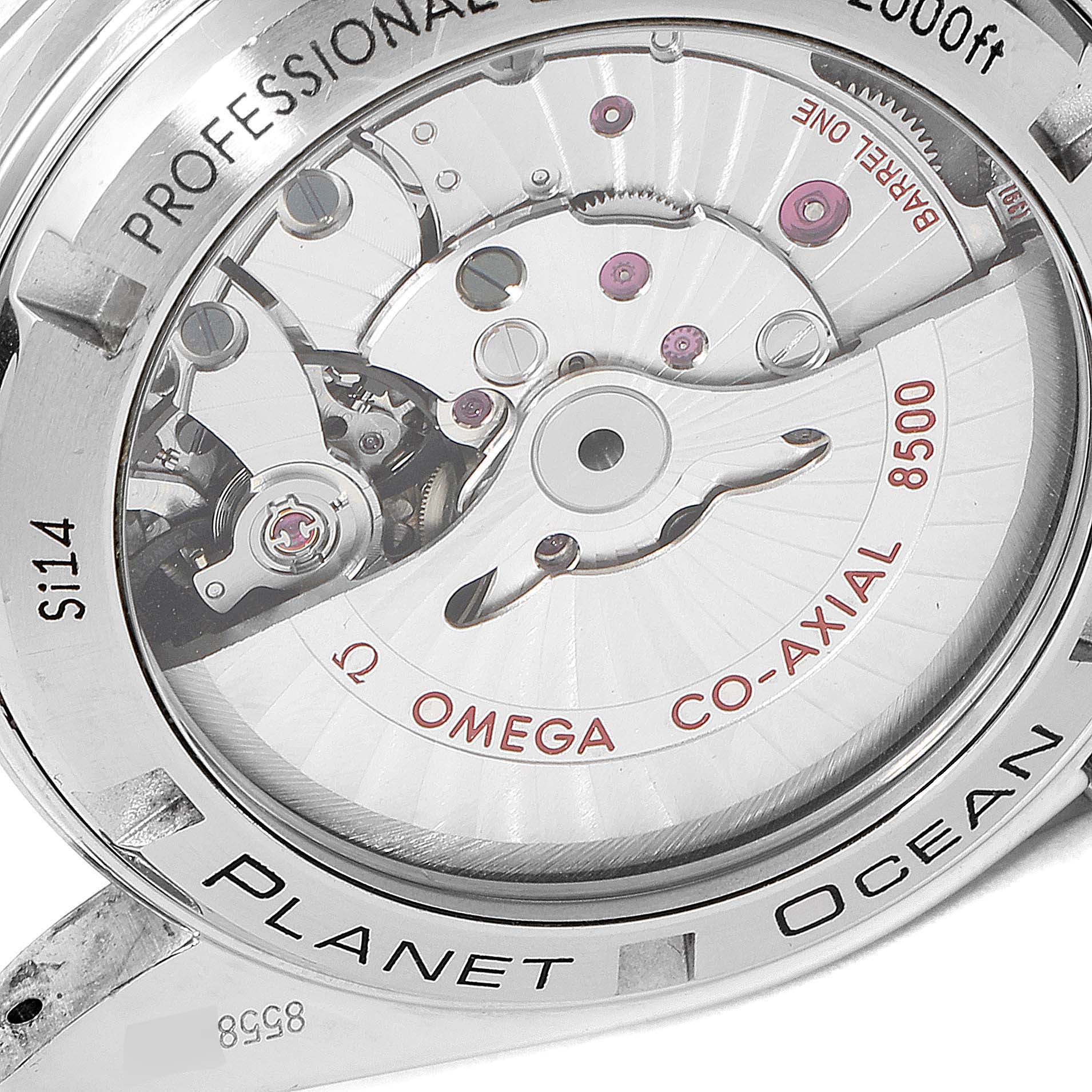 The image shows the back view of the Omega Planet Ocean 232.30.42.21.04.001 Men
s Stainless Steel White Dial 232.30.42.21.04.001 Men
s Stainless Steel White Dial watch, revealing its Co-Axial 8500 movement.