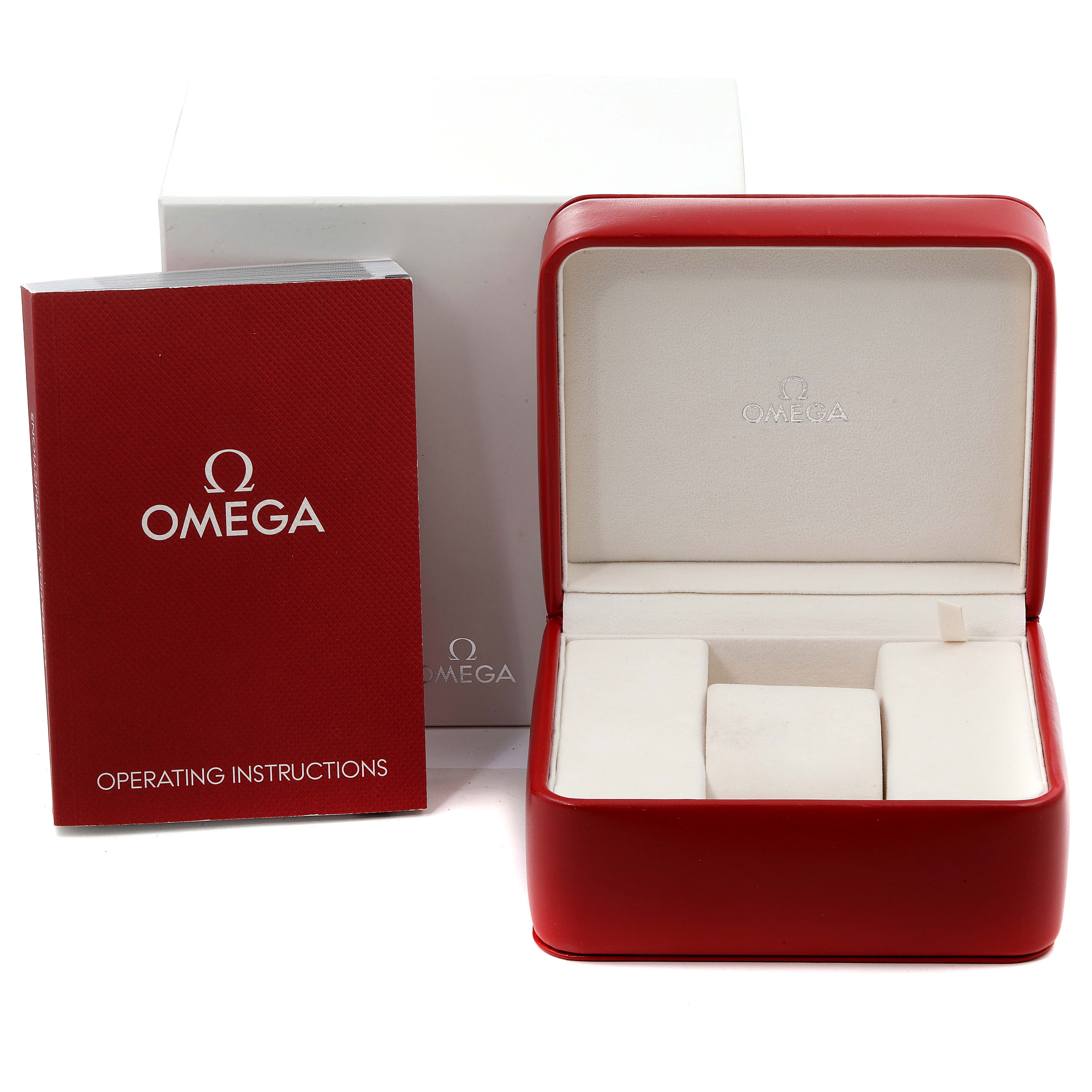 The image shows an Omega Planet Ocean 232.30.42.21.04.001 Men
s Stainless Steel White Dial 232.30.42.21.04.001 Men
s Stainless Steel White Dial watch
s red operating instructions booklet, an open red watch box, and a white outer box.