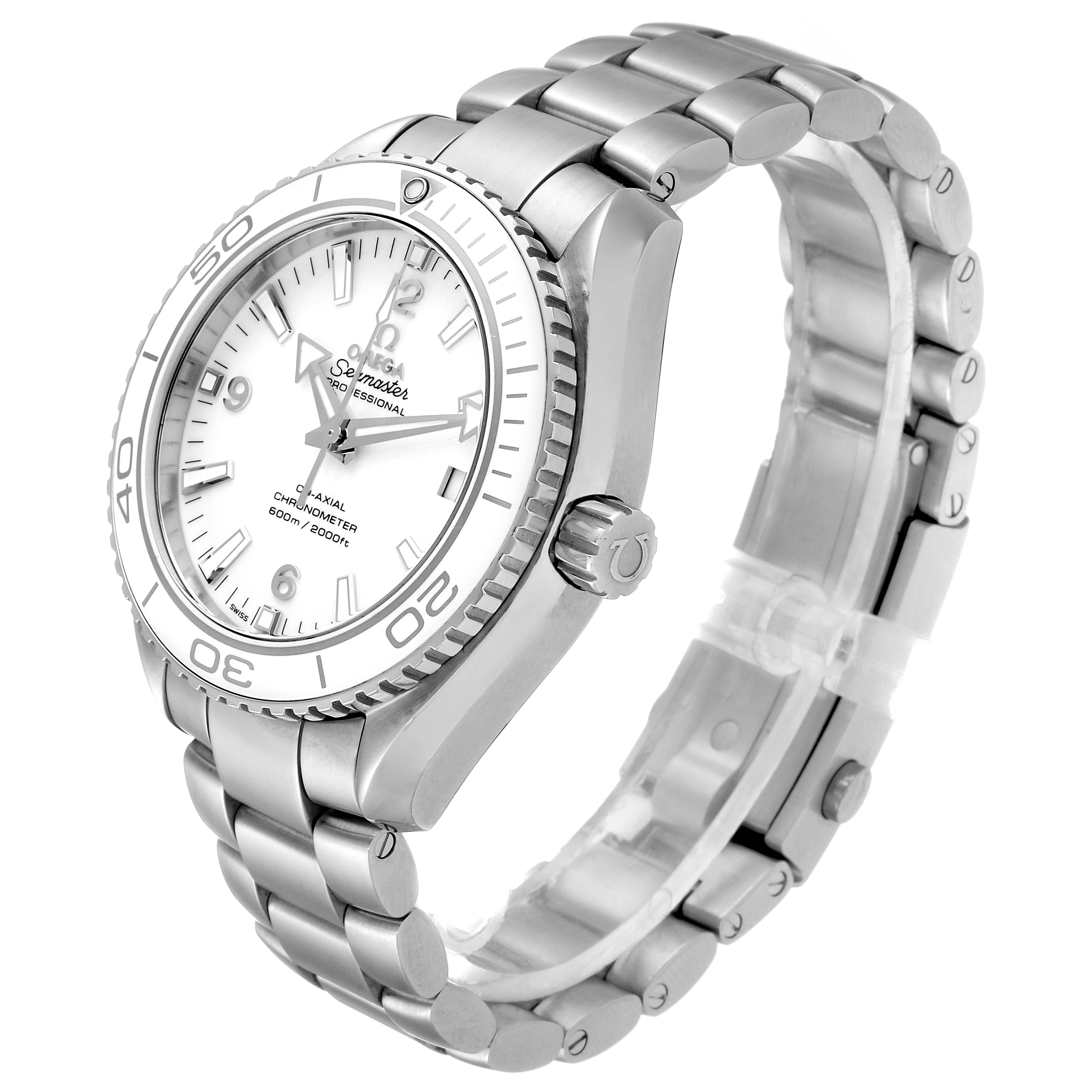 The Omega Planet Ocean 232.30.42.21.04.001 Men
s Stainless Steel White Dial 232.30.42.21.04.001 Men
s Stainless Steel White Dial watch is shown at an angled side view, highlighting its bezel, dial, case, crown, and bracelet.