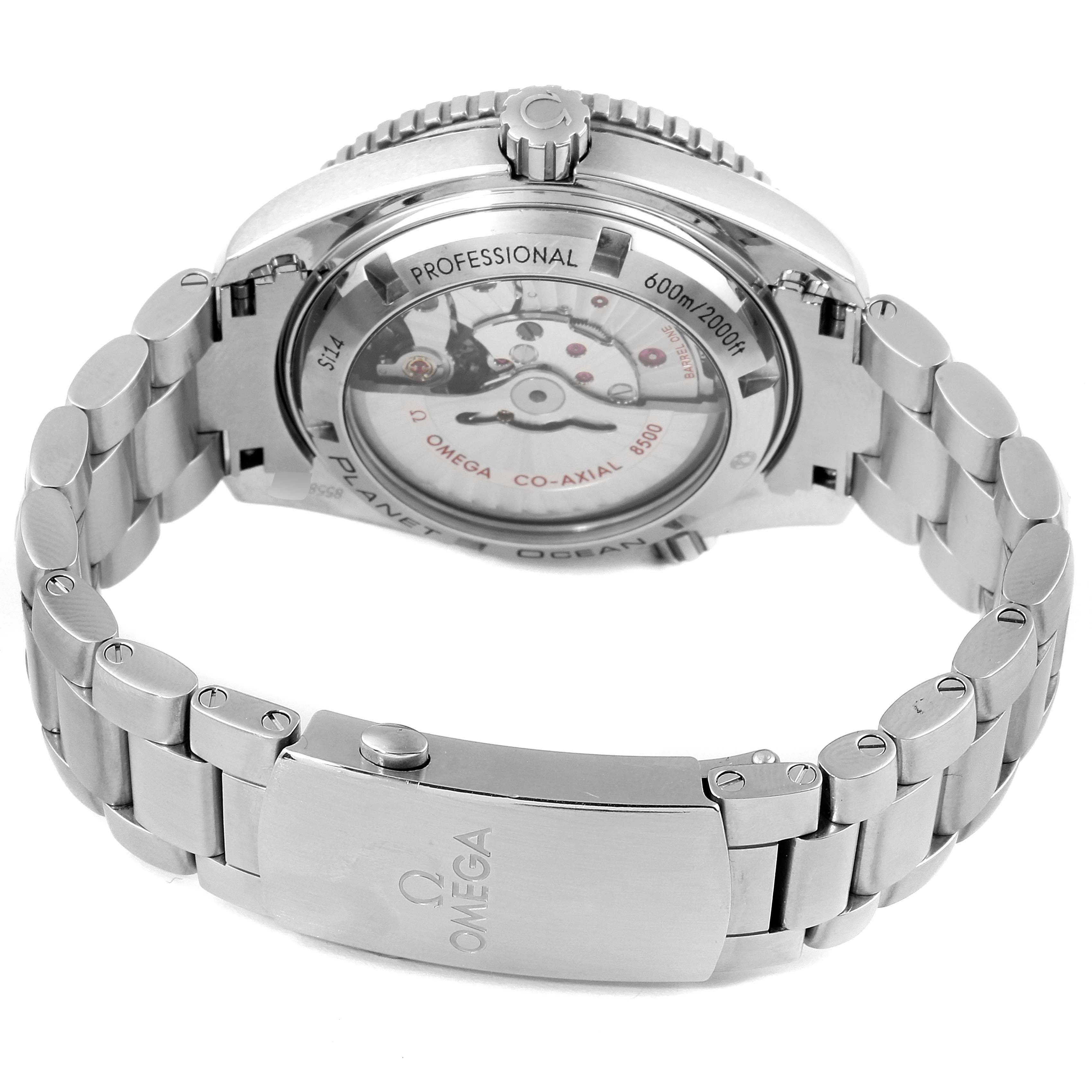 The image shows the back view of the Omega Planet Ocean 232.30.42.21.04.001 Men
s Stainless Steel White Dial 232.30.42.21.04.001 Men
s Stainless Steel White Dial watch, highlighting its bracelet and see-through case back.