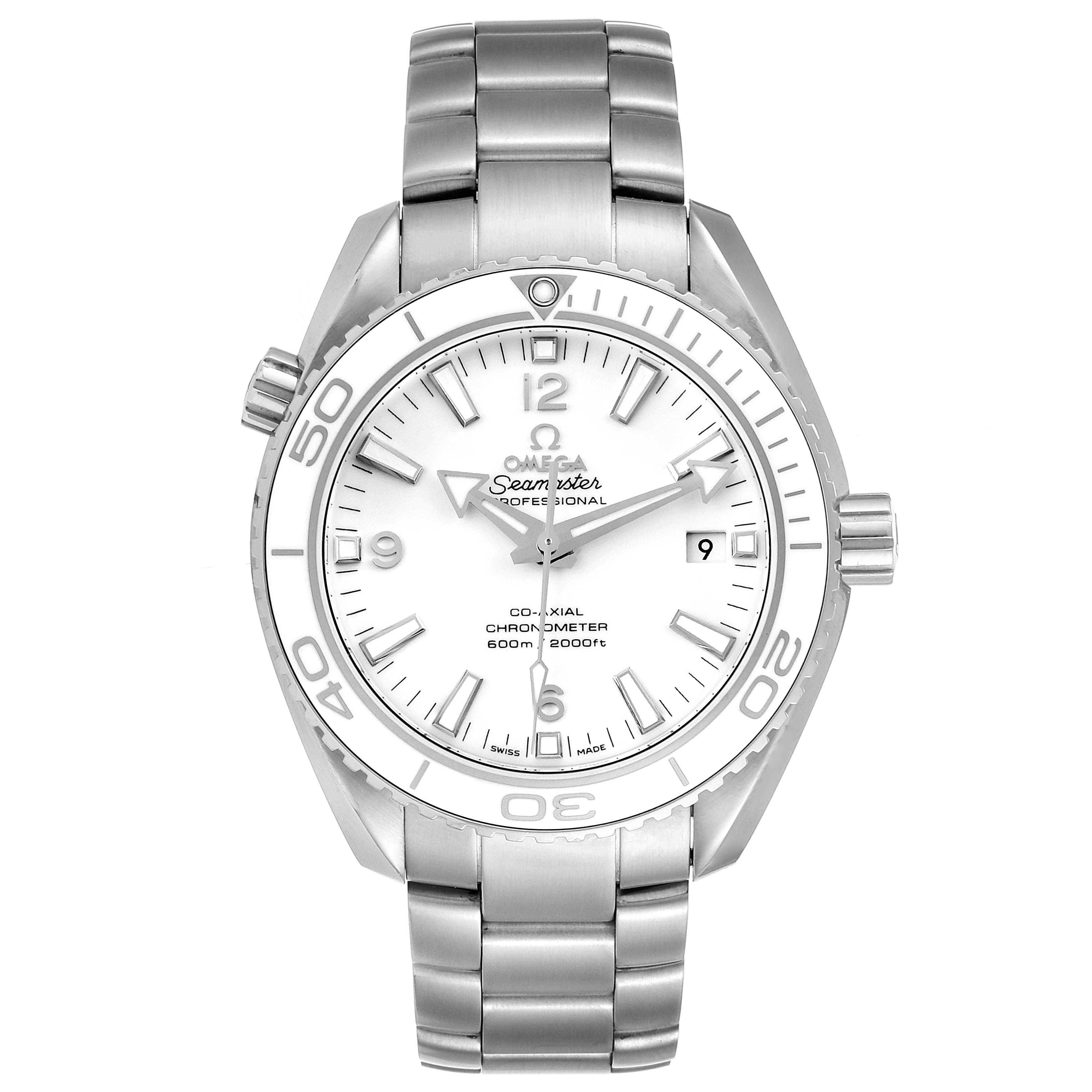 The image shows a front view of the Omega Planet Ocean 232.30.42.21.04.001 Men
s Stainless Steel White Dial 232.30.42.21.04.001 Men
s Stainless Steel White Dial Seamaster watch, including the dial, bezel, crown, and metal bracelet.