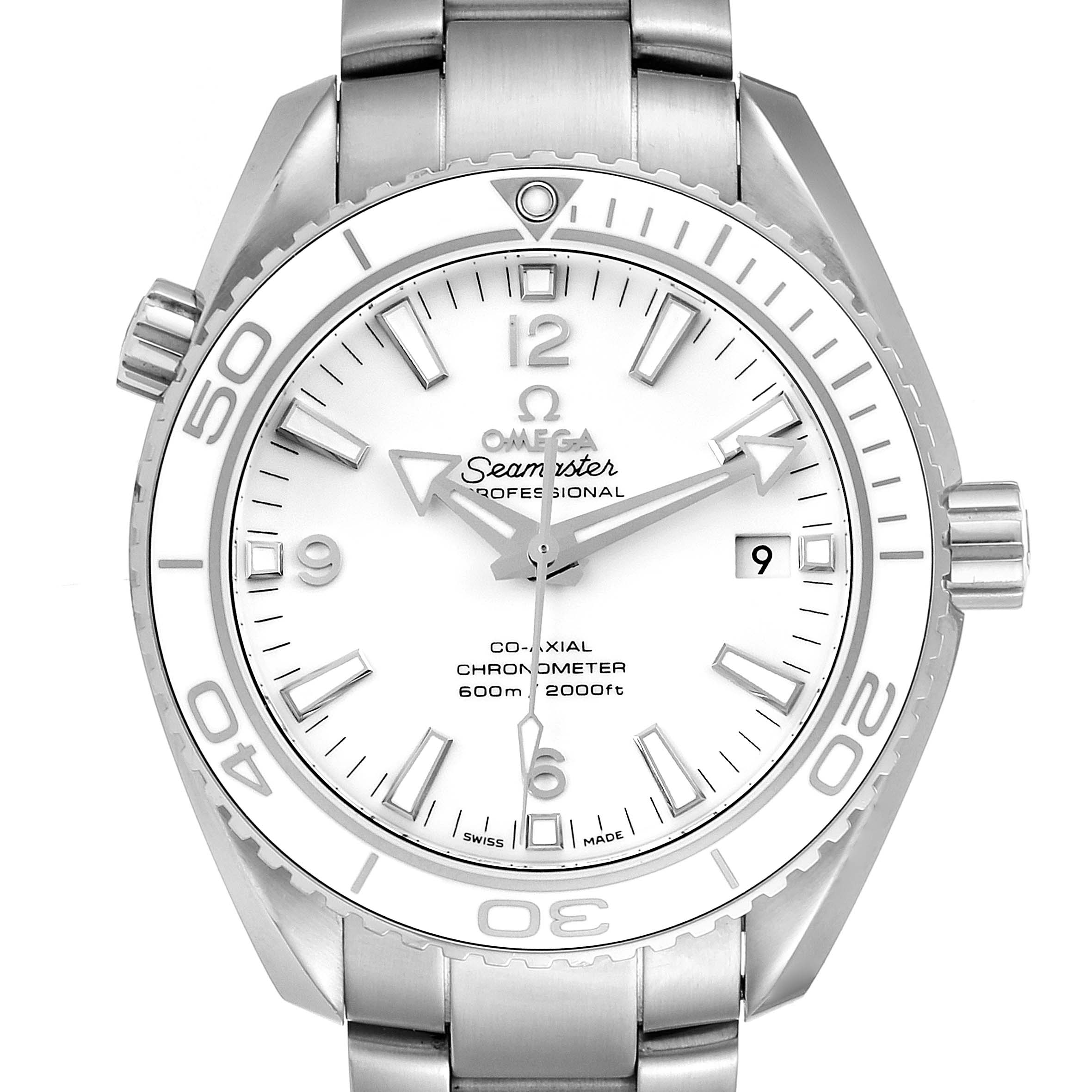 This image shows a frontal view of the Omega Planet Ocean 232.30.42.21.04.001 Men
s Stainless Steel White Dial 232.30.42.21.04.001 Men
s Stainless Steel White Dial Seamaster watch, highlighting the dial, bezel, and bracelet.